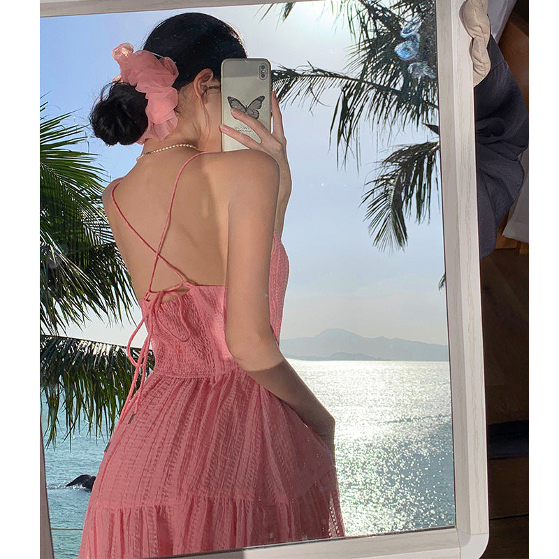 2025 Women's Pink Backless Suspender Summer Dress - Thin High Waist Long Beach Dress for Seaside Photos, Lightweight Casual Wear for Daily Outings | Perfect for Beach Vacations, Parties, and Everyday Fashion