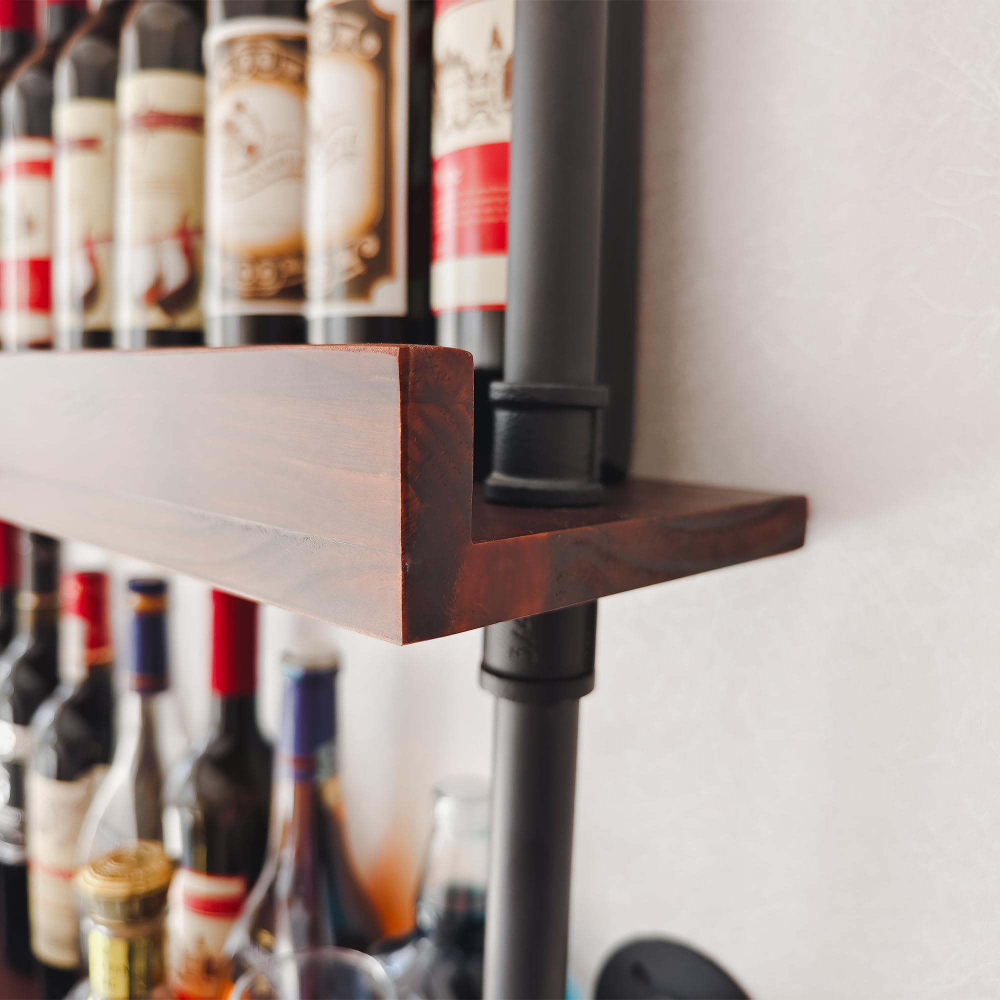 5-Tier Wall Mounted Wine Rack - Industrial Pipe Bar Shelf for Wine Bottle Storage, Rustic Brown Finish, 36.2x6.7x78.8 Inches - Perfect for Home Bar, Kitchen, Dining Room & Wine Cellar Organization