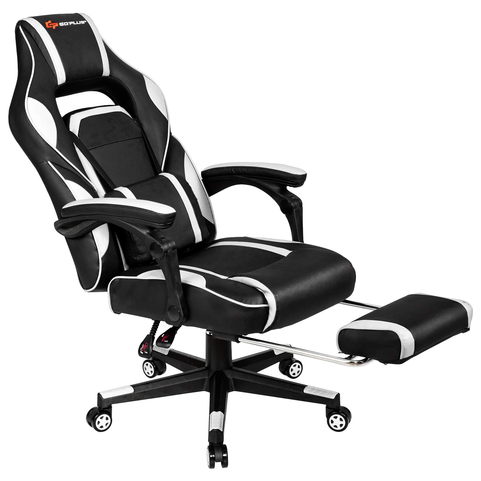 Premium POWERSTONE Gaming Chair - Adjustable High Back Ergonomic Computer Chair with Footrest, Lumbar Support & Massage Headrest | Thick Padded Armrests, 360° Swivel & Rolling Wheels | White Office/Home Gaming Desk Chair for PC & Console Gamers