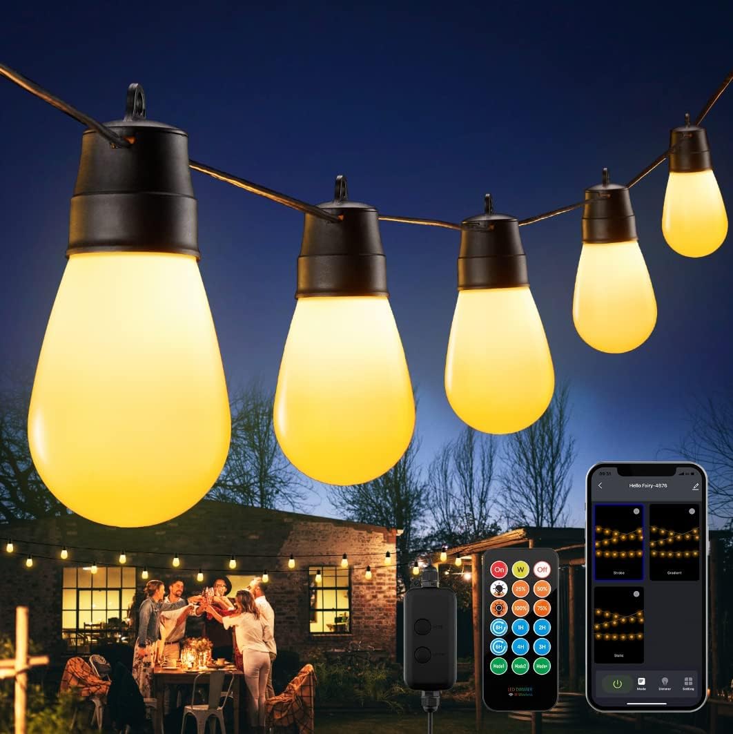 Smart Outdoor String Lights - 36ft App Controlled LED Lights with 3 Scene Modes, IP65 Waterproof & Shatterproof, Dimmable Hanging Lights with 15 Bulbs for Backyard, Balcony, Garden, Patio Party & Wedding Decorations