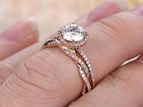 1.50 Carat Halo Moissanite & Diamond Wedding Ring Set in 14K Rose Gold - Elegant Bridal Jewelry for Engagement, Proposal & Anniversary Gifts