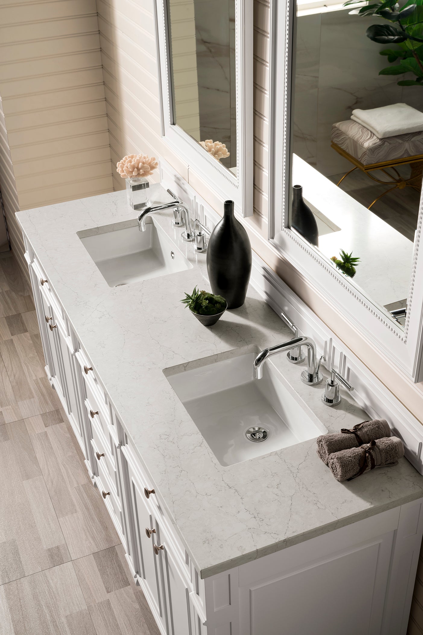 Bristol 72 Inch Double Bathroom Vanity with 3CM Eternal Jasmine Pearl Quartz Countertop - Bright White Finish for Modern Master Bathroom & Powder Room Remodel