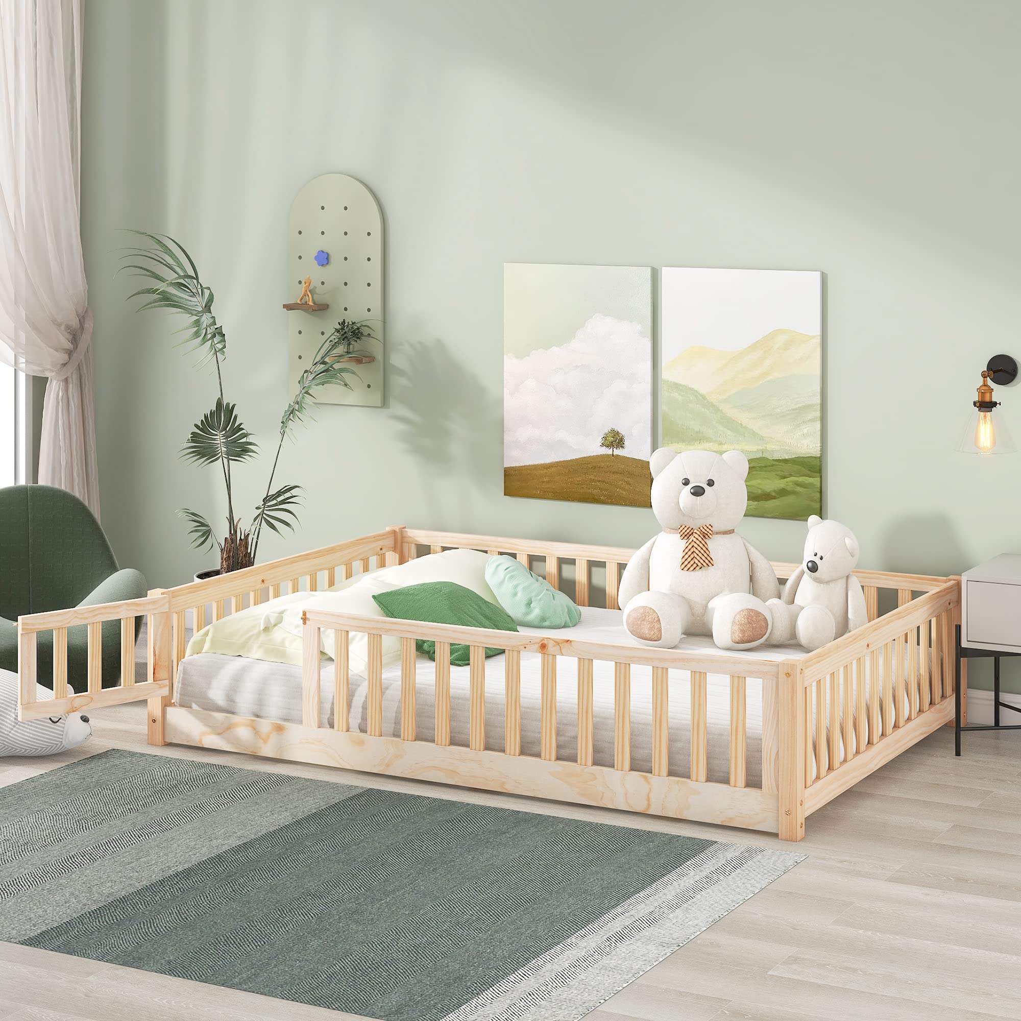 i-POOK Twin Floor Bed for Kids - Solid Wood Montessori Bed Frame with Wood Slats, Safety Fence & Door - Low Profile Toddler Bed for Boys and Girls - Natural Finish (Includes Bed Slats) - Perfect for Montessori Rooms, Daycare Centers & Safe Toddler Sleep Spaces