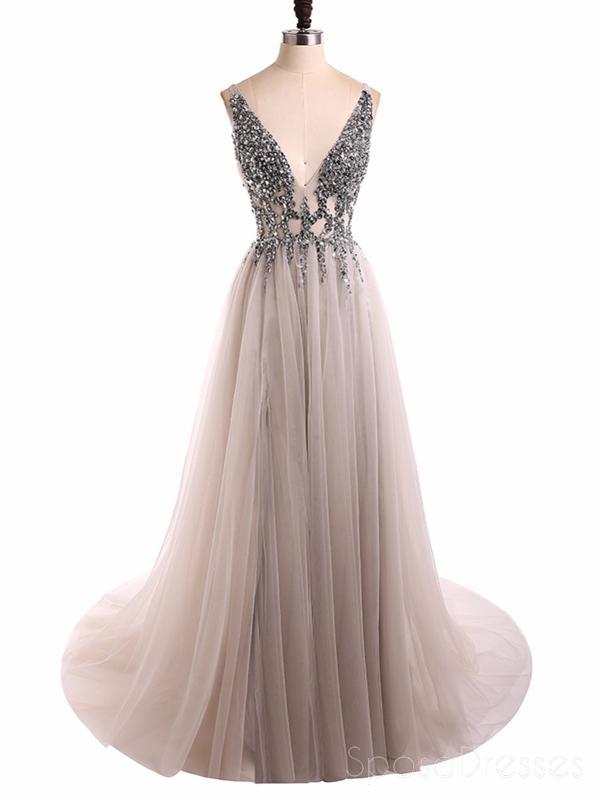 Elegant Grey V-Neck Beaded Long Evening Prom Dress for Women - Sexy See-Through Sweet 16 Dresses - Perfect for Formal Events, Parties & Special Occasions (Style 18351)