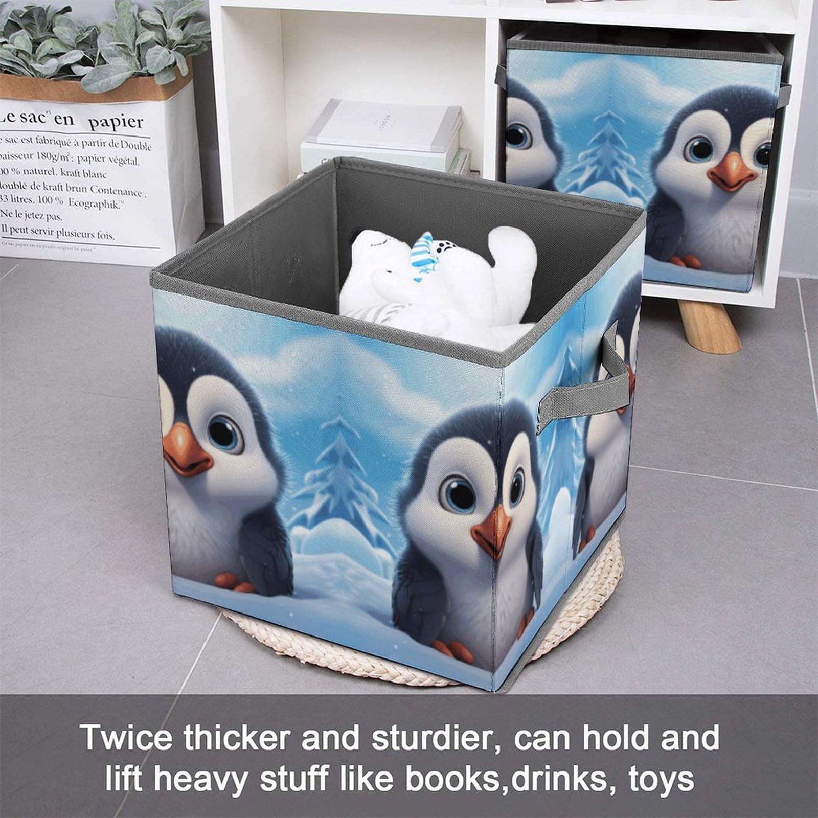 Cute Penguin Storage Bin - Large Collapsible Fabric Storage Box with Handles 10.6x10.6x10.6 Inches - Closet Organizer for Home, Office, Kids Room & Nursery (Perfect for Toys, Books & Clothes Storage)