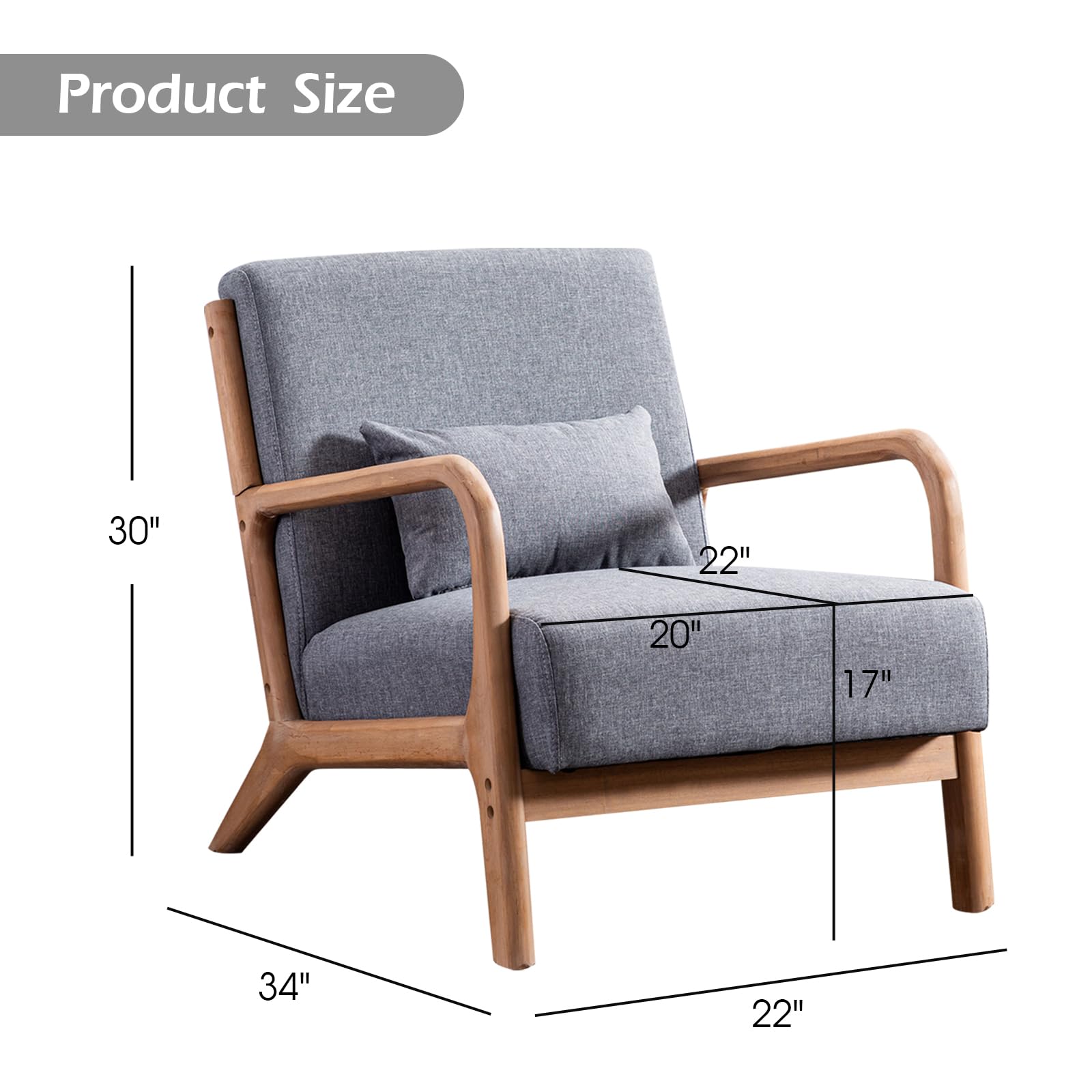 Mid Century Modern Accent Chair - Grey Linen Upholstered Living Room Chair with Solid Wood Frame & Lumbar Pillow - Comfortable Reading Side Chair for Bedroom, Office or Lounge - Easy Assembly Home Decor Furniture
