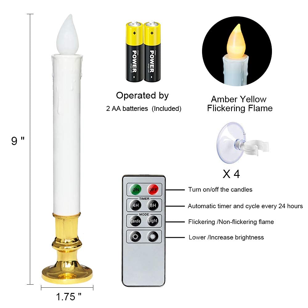 DRomance 9-Inch Flameless LED Window Taper Candles - Battery Operated with 8-Key Remote & Timer - 4 Pack White Christmas Holiday Candles with Gold Holders - Includes Suction Cups & AA Batteries - Perfect for Christmas Decor, Winter Holidays, Home Window Displays & Cozy Ambiance