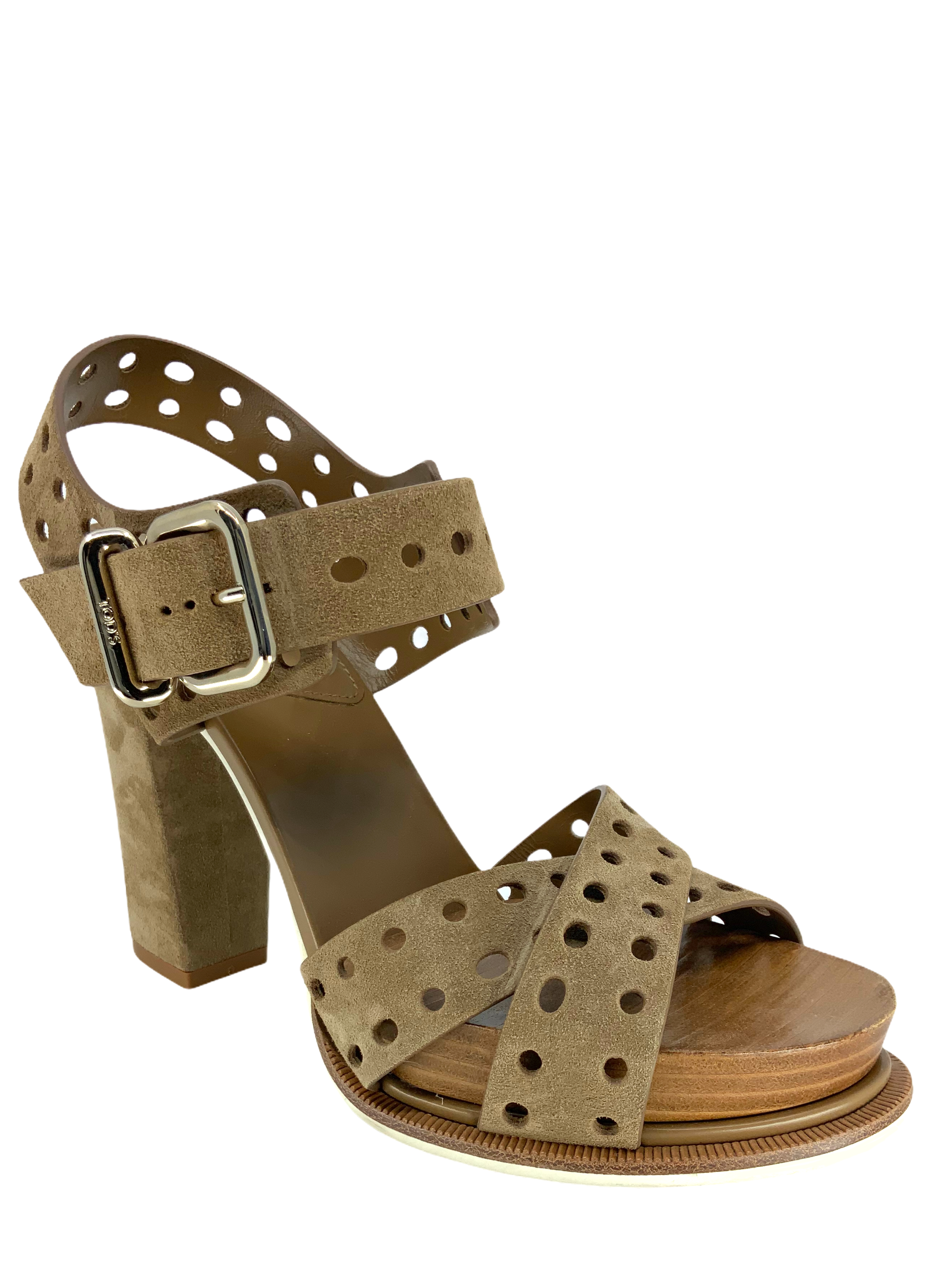 Tod's Women's Perforated Suede Block Heel Sandals Size 7 | Comfortable Summer Dress Shoes for Weddings & Parties