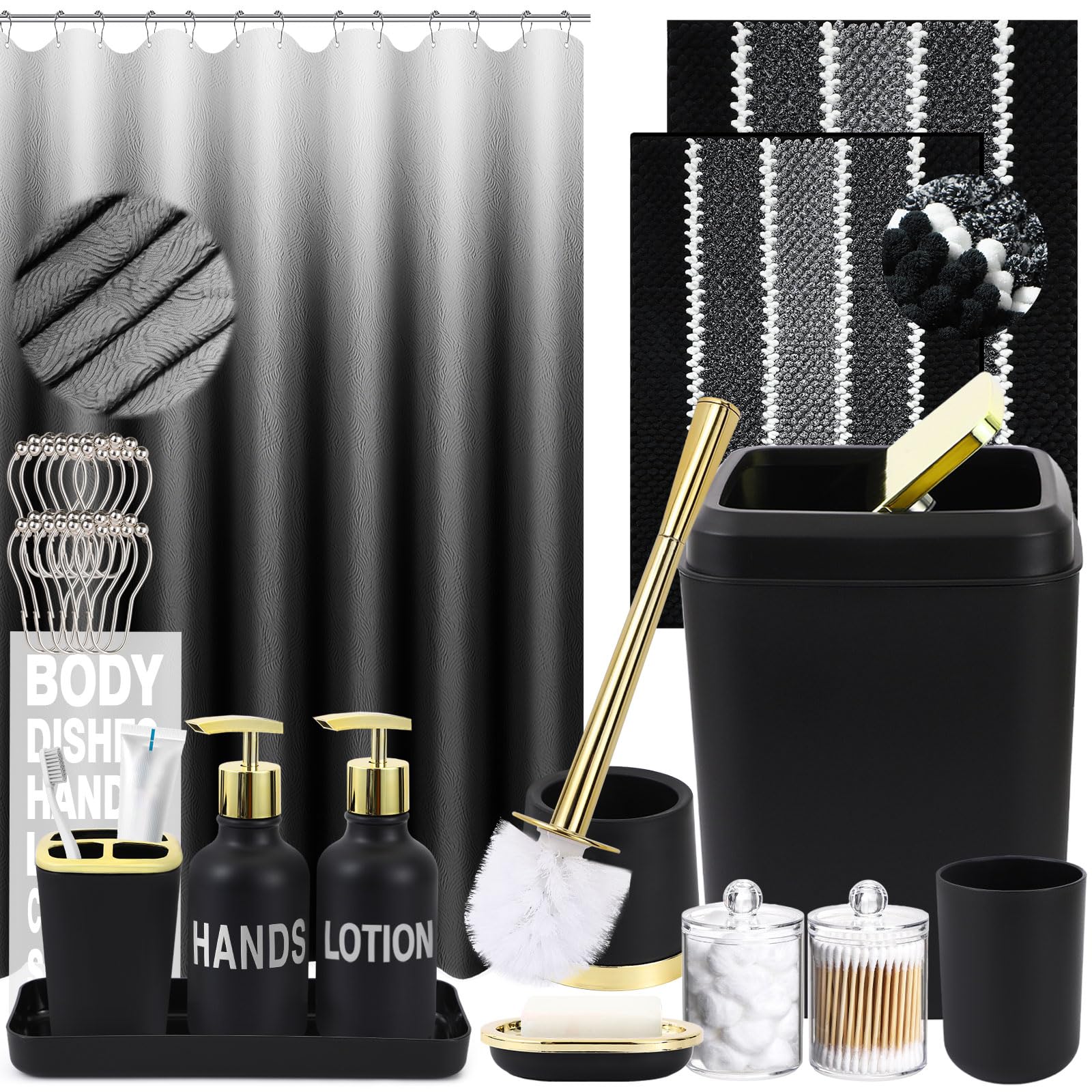 25-Piece Black Bathroom Accessories Set - Includes Shower Curtain, Bath Mat, Waste Bin, Toilet Brush, Soap Dispenser, Toothbrush Holder & Cup, Soap Dish, Cotton Swab Holder - Modern Bathroom Decor for Home & Hotel Use