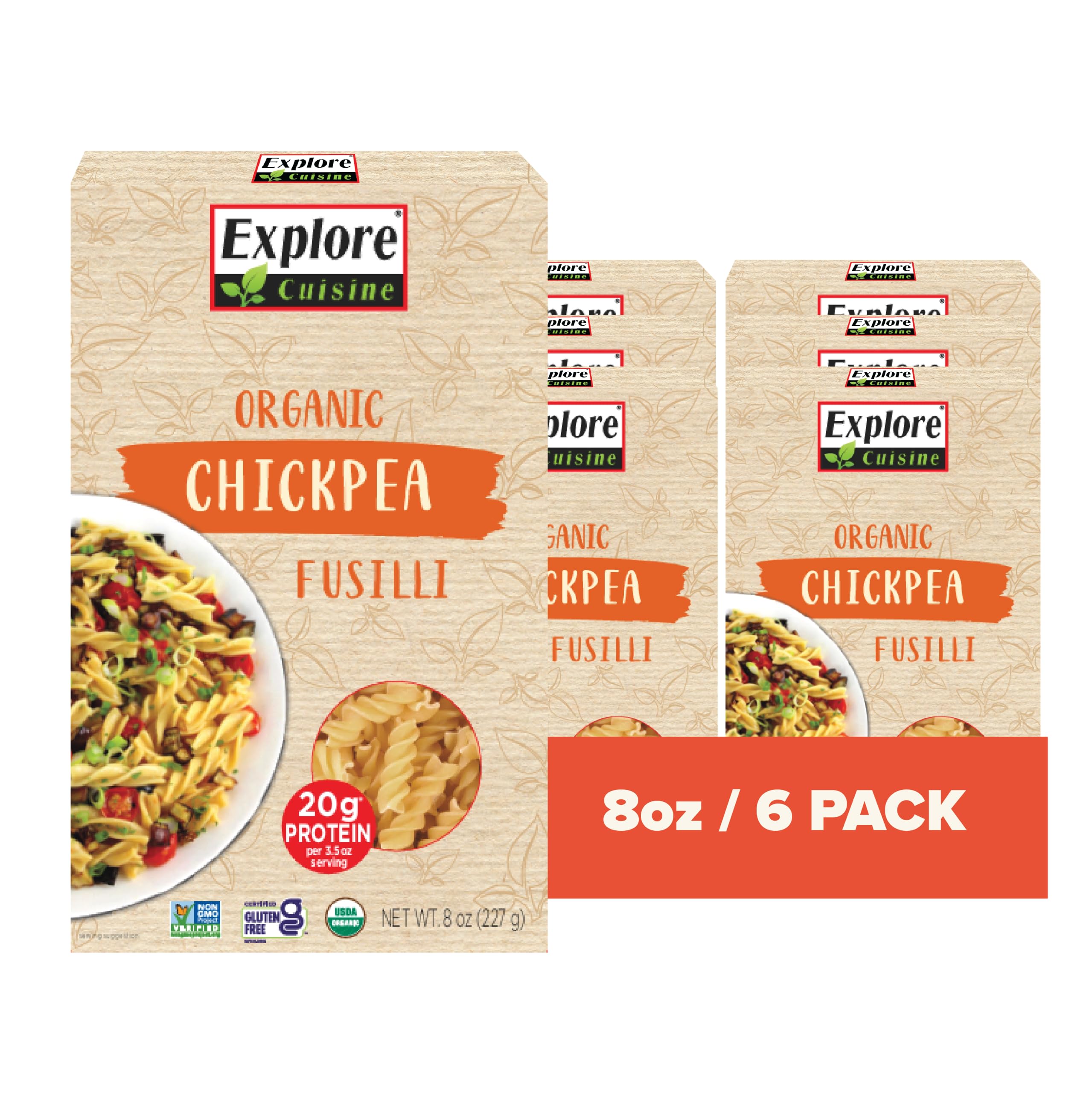 Explore Cuisine Organic Chickpea Fusilli Pasta - 6 Pack (8 oz Each) | Gluten Free, High Protein & Fiber, Non-GMO | 24 Servings | Perfect for Vegan Meals, Quick Lunches & Healthy Dinners
