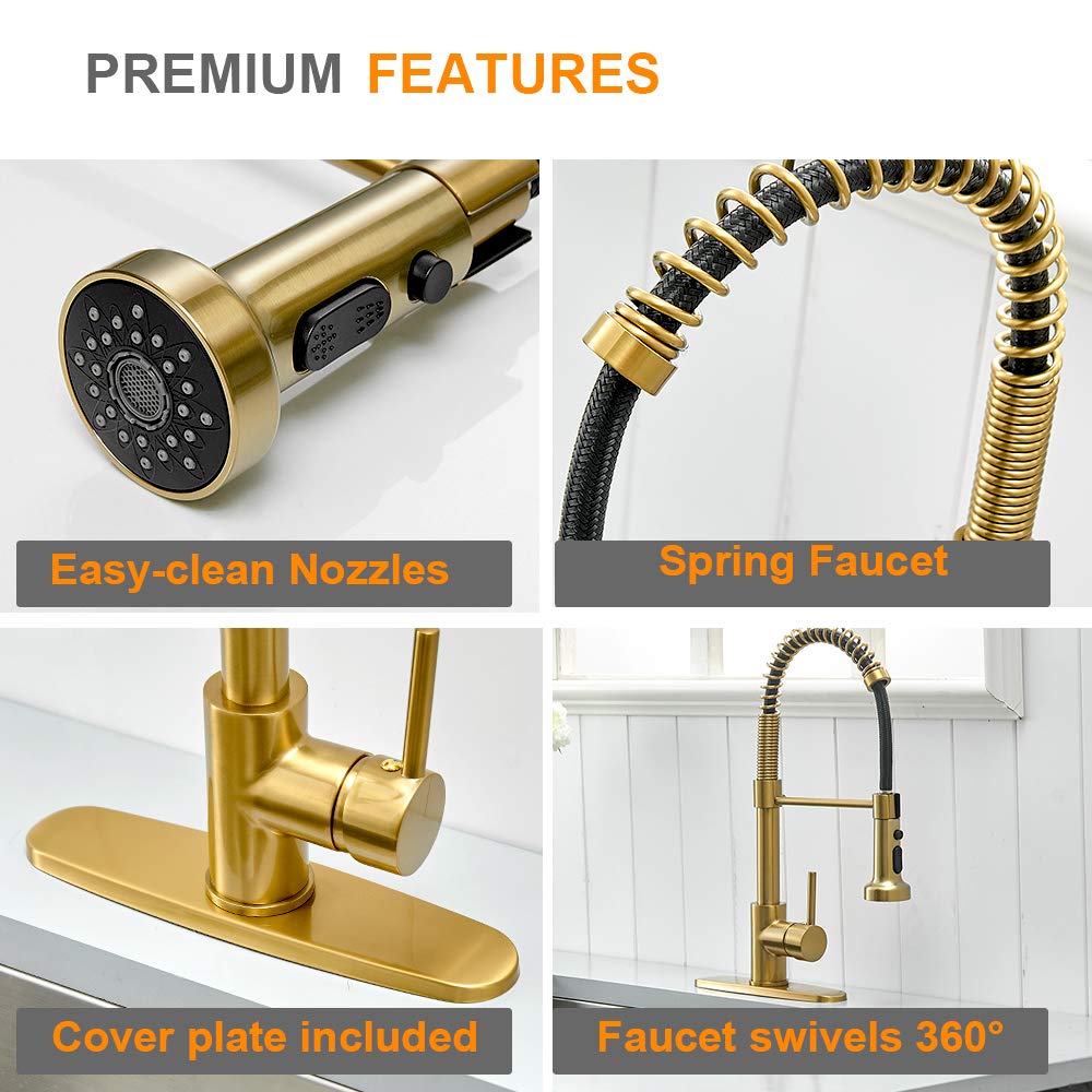 Hoimpro Brushed Gold Kitchen Faucet with Pull Down Sprayer - for Home & RV Use