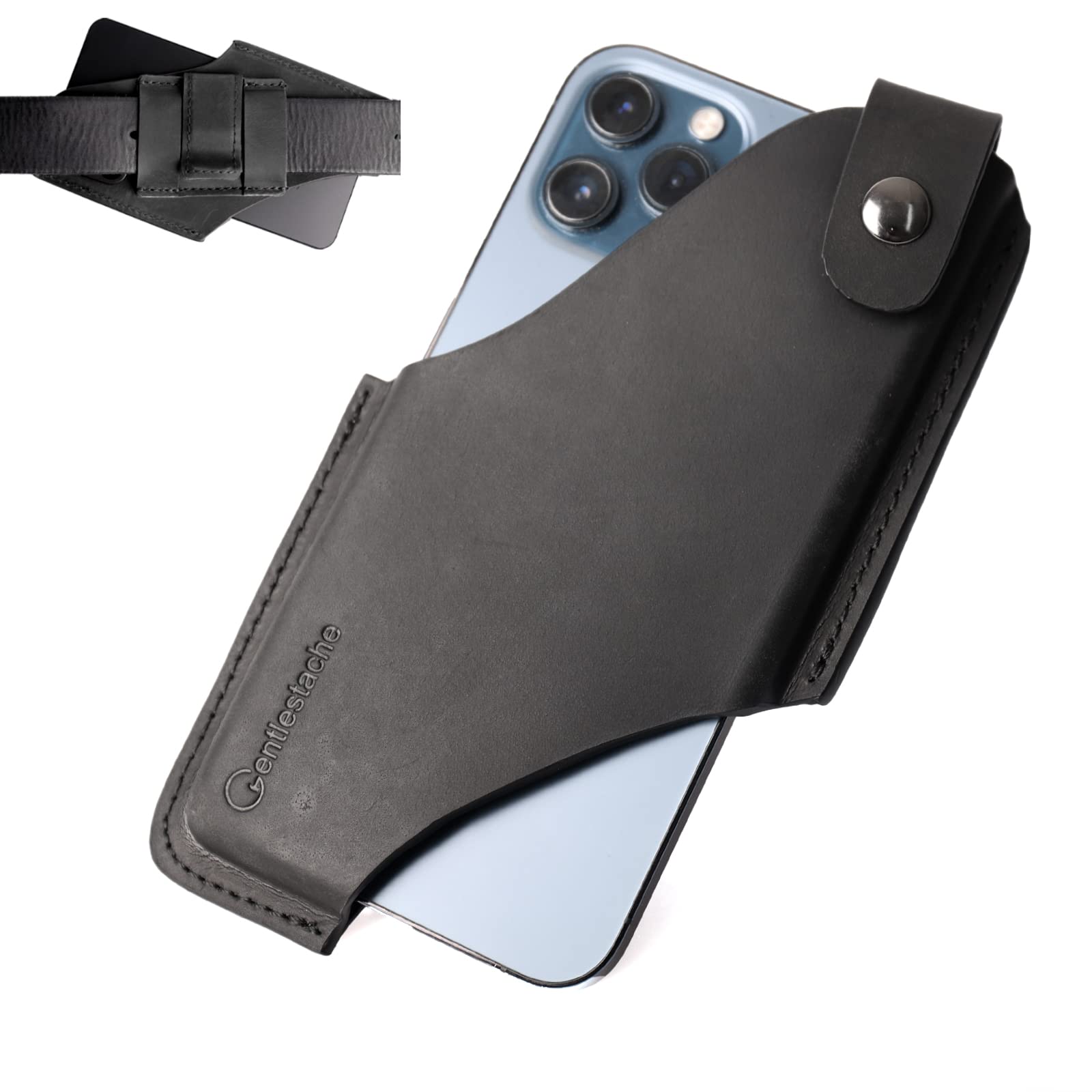 Gentlestache Genuine Leather Cell Phone Holster with Belt Clip - Compatible with iPhone, Samsung, Motorola - Adjustable Belt Loop Case for Men & Women - Medium Size Black - Perfect for Work, Hiking & Outdoor Activities