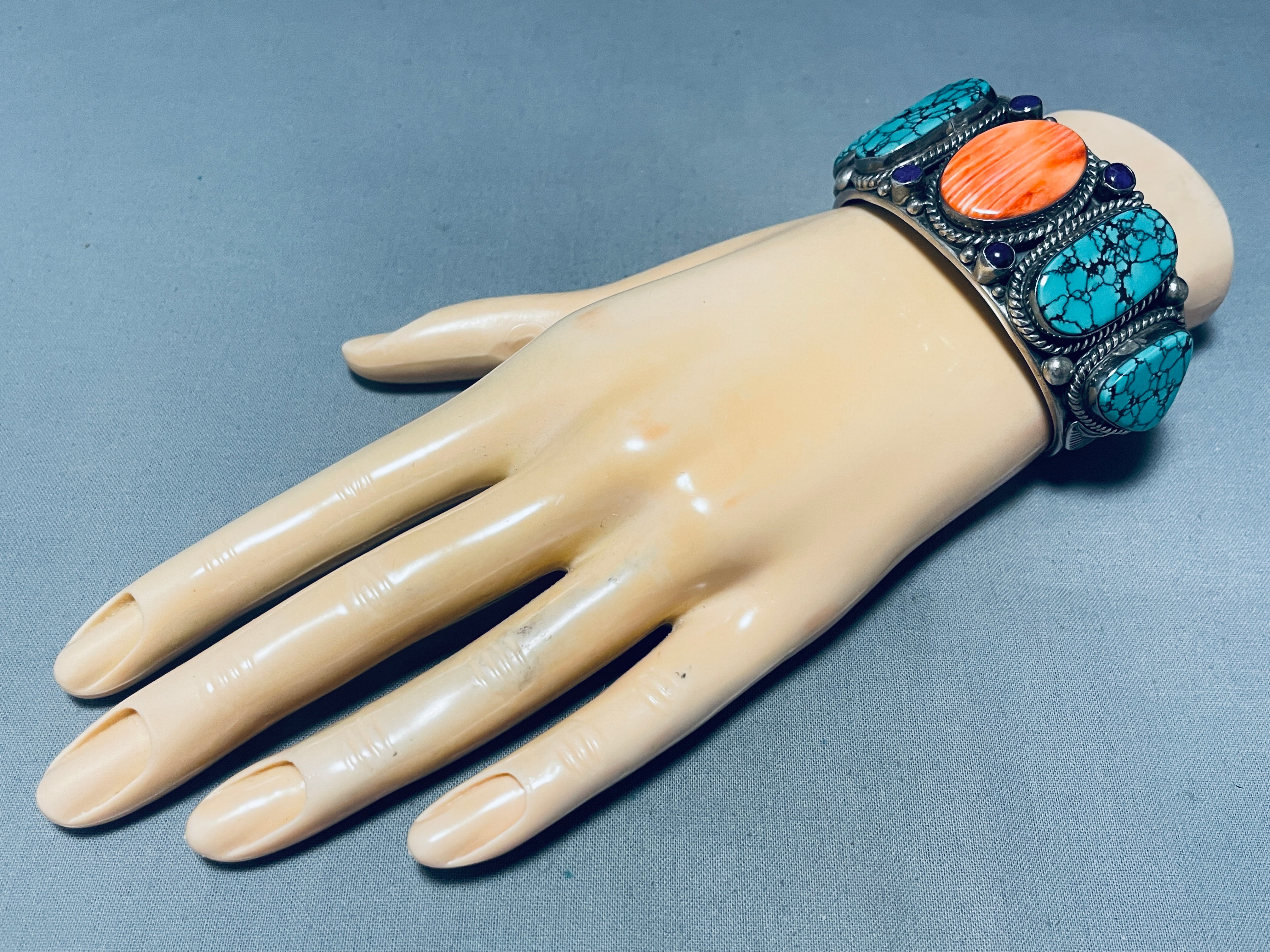 127 Grams!! Vintage Native American Navajo Spiderweb Turquoise Sterling Silver Shell Bracelet