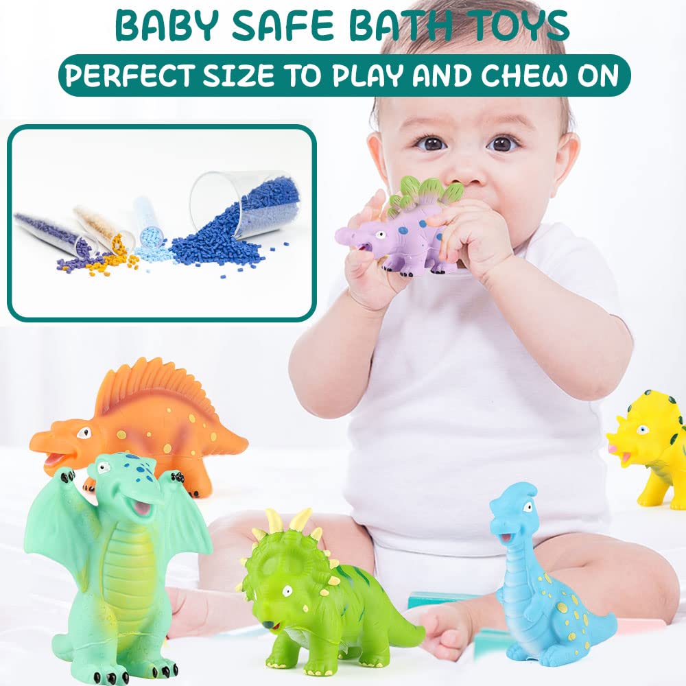 12 PCS Non-Toxic Baby Dinosaur Bath Toys for Toddlers 1-5 Years - Mold Free Rubber Dino Bathtub & Pool Toys Set - Perfect for Kids Bath Time, Baby Showers, Birthday Gifts & Sensory Play (No Hole Design)