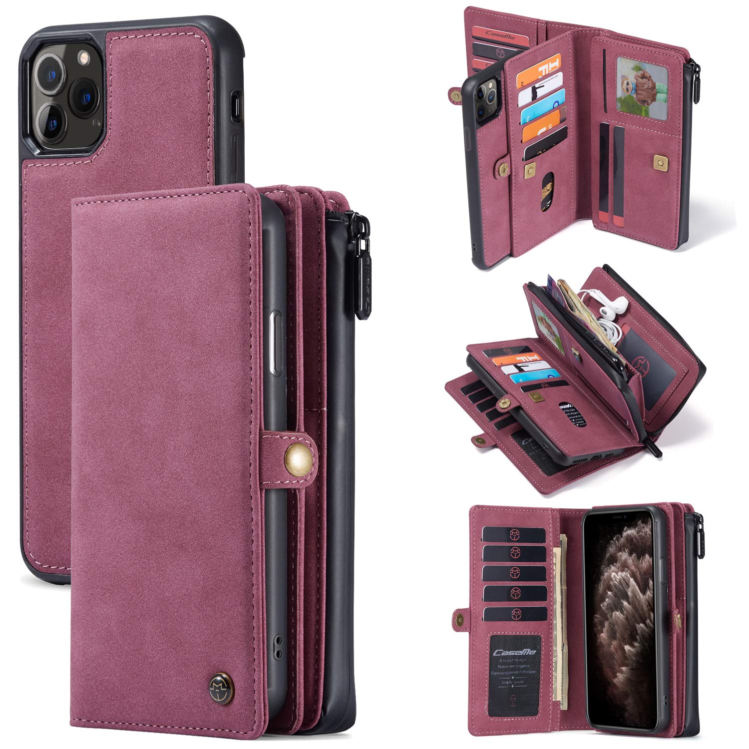 Premium iPhone 11 Pro Max Leather Wallet Case - Detachable Magnetic Zipper Cover with 18 Credit Card Slots, Cash Clip & Wrist Strap | Flip Phone Purse for Men & Women (Red) | Perfect for Travel, Work & Everyday Protection