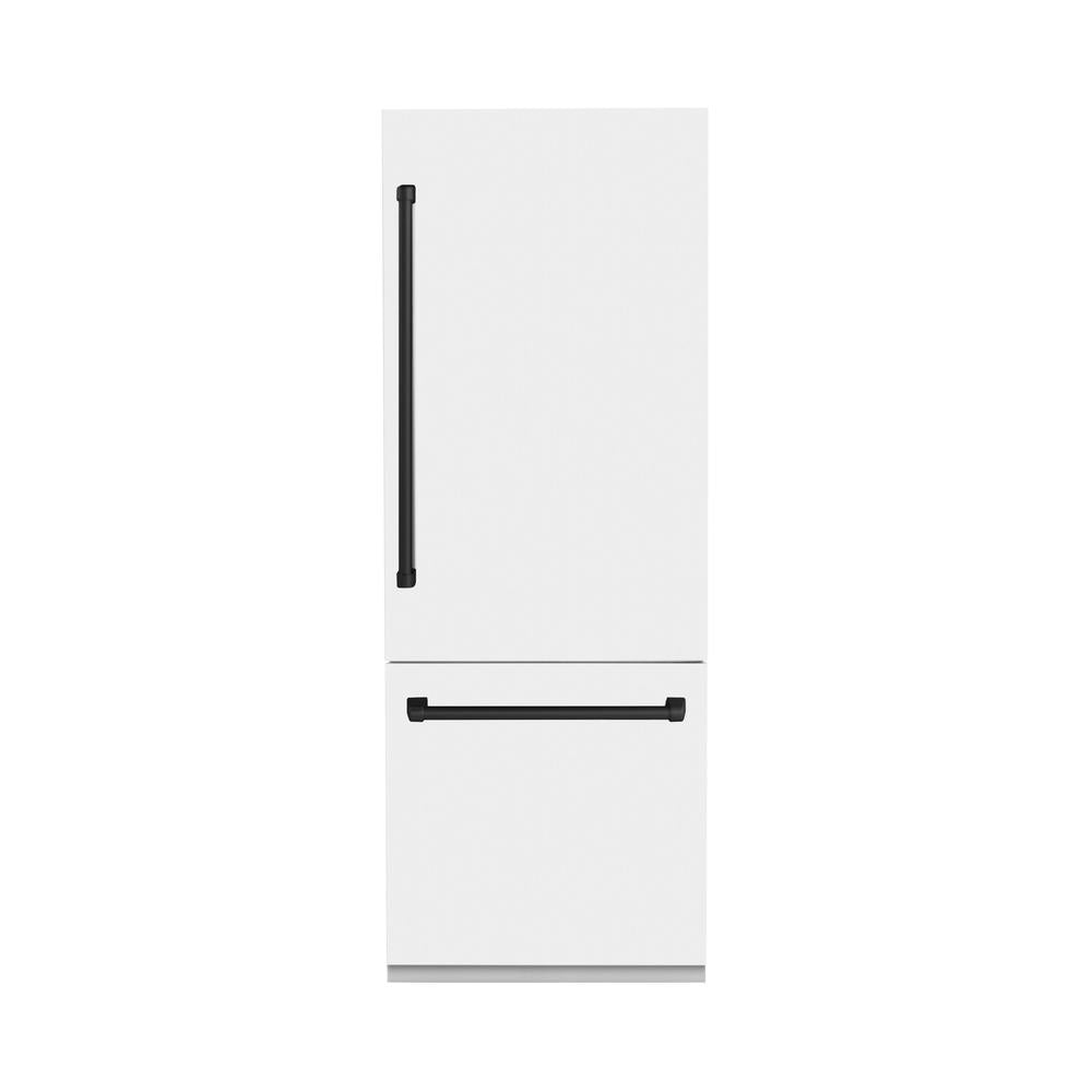 ZLINE Autograph Edition 30 Inch Built-In Bottom Freezer Refrigerator - 16.1 cu ft Capacity, Water Dispenser & Ice Maker - White Matte Finish with Matte Black Accents (RBIVZ WM 30 MB) - Perfect for Modern Kitchens & Open Concept Homes