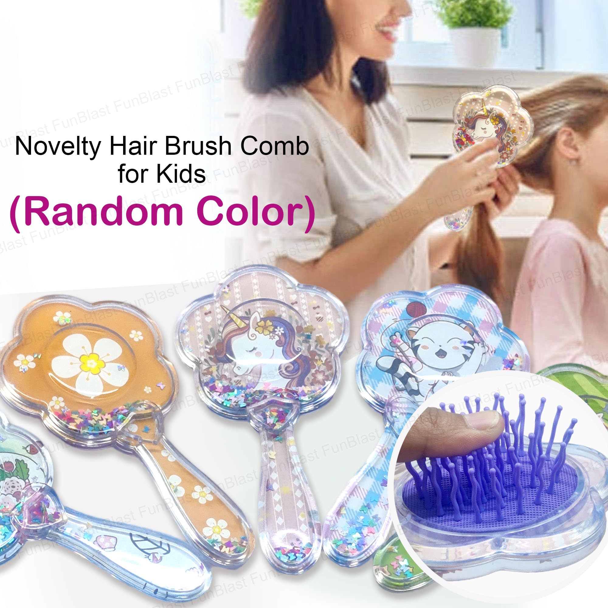 FunBlast Glitter Hair Brush Comb for Girls & Women - Flower Shaped Detangling Brush for Kids, Teens & Adults | Perfect for School, Parties & Daily Styling (Random Color)
