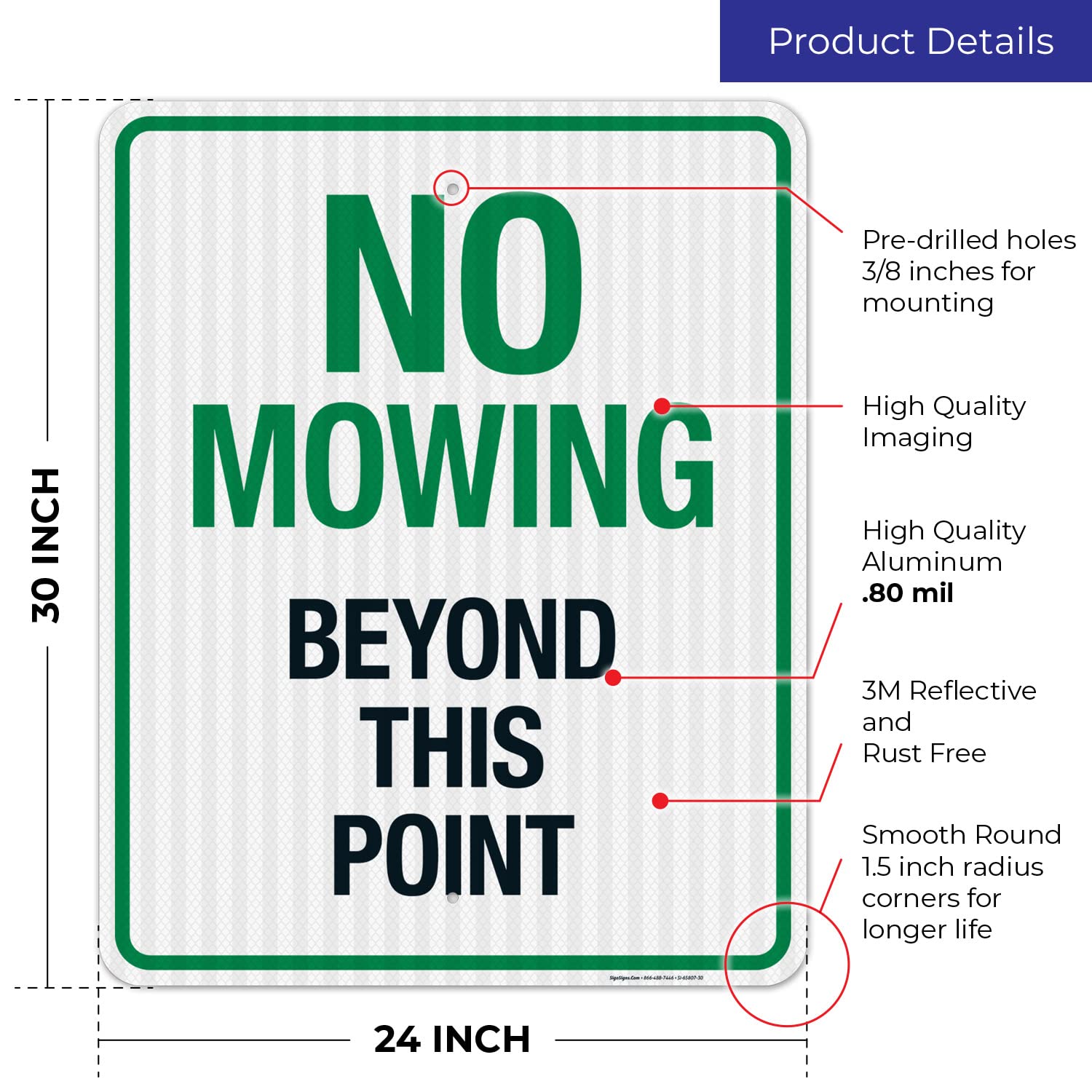 No Mowing Beyond This Point Sign - 24x30 Inches, 3M EGP Reflective .080 Aluminum, Fade Resistant, Made in USA - Durable Yard Sign for Property Boundaries & Safety Warnings