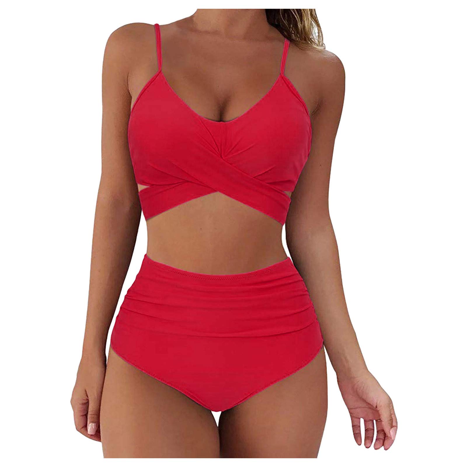 Women's Sexy Push Up High Cut Halter Tankini Bikini Set - Solid Color Lace Up Two Piece Swimsuit for Beach, Pool & Summer Vacation