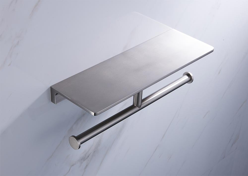 Brushed Nickel Double Toilet Paper Holder with Storage Shelf - Wall Mount Brass Tissue Dispenser for Bathroom, Home & Hotel Use - Perfect for Small Spaces and Guest Bathrooms