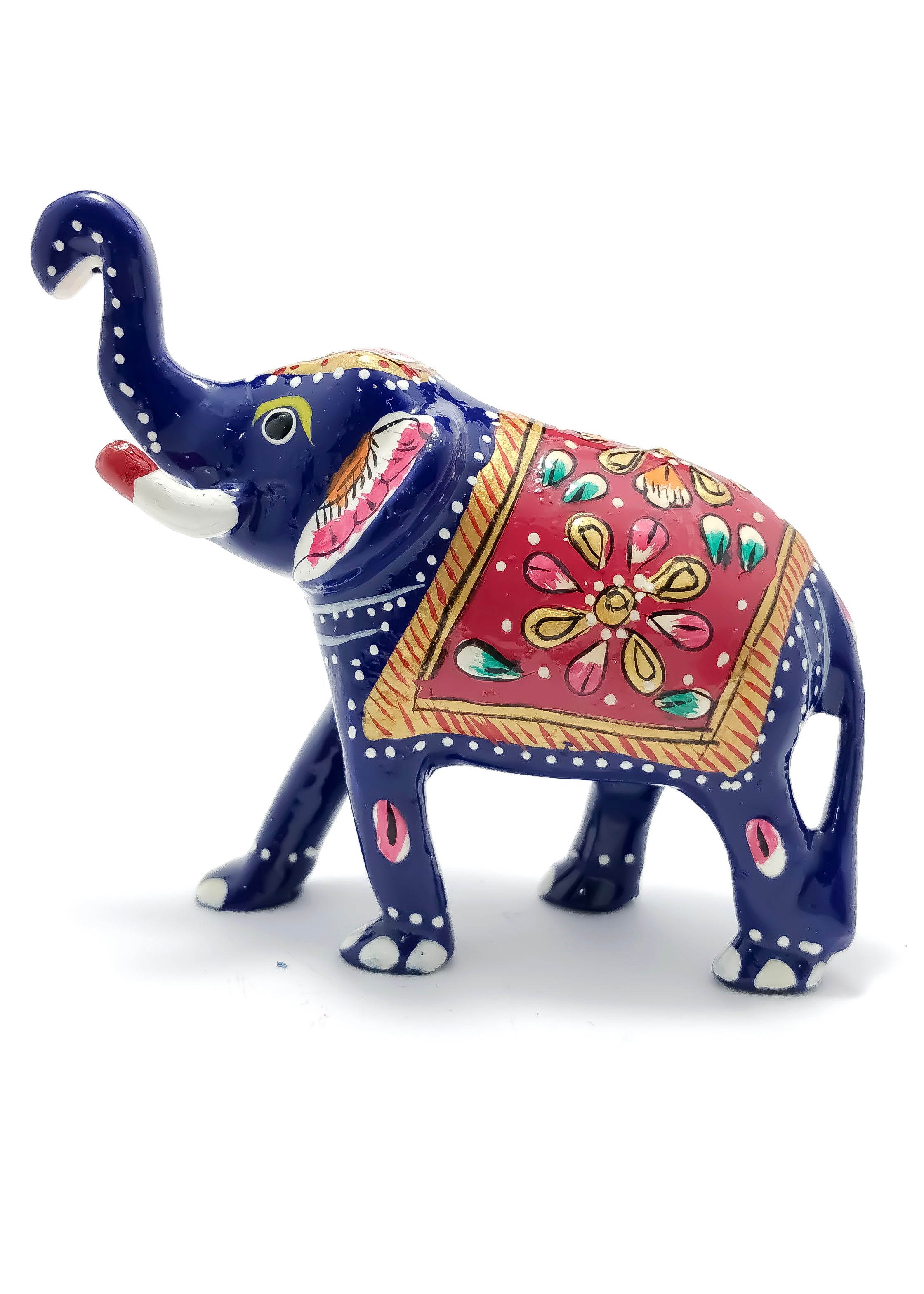 Blue & Red Metal Elephant Decorative Statue - Hand-Painted Trunk Up Lucky Charm for Home & Office Decor (D122) | Perfect for Living Room, Bedroom, or Gift
