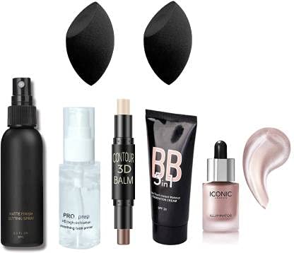 SHENY HD Makeup Combo Pack - 1 Primer, 1 Fixer, 1 Contour Stick, 1 BB 5-in-1 Foundation, 2 Beauty Blenders, 1 Iconic Blossom | Full Face Makeup Kit for Flawless Coverage & Contouring | Perfect for Professional Makeup Artists & Daily Beauty Routine