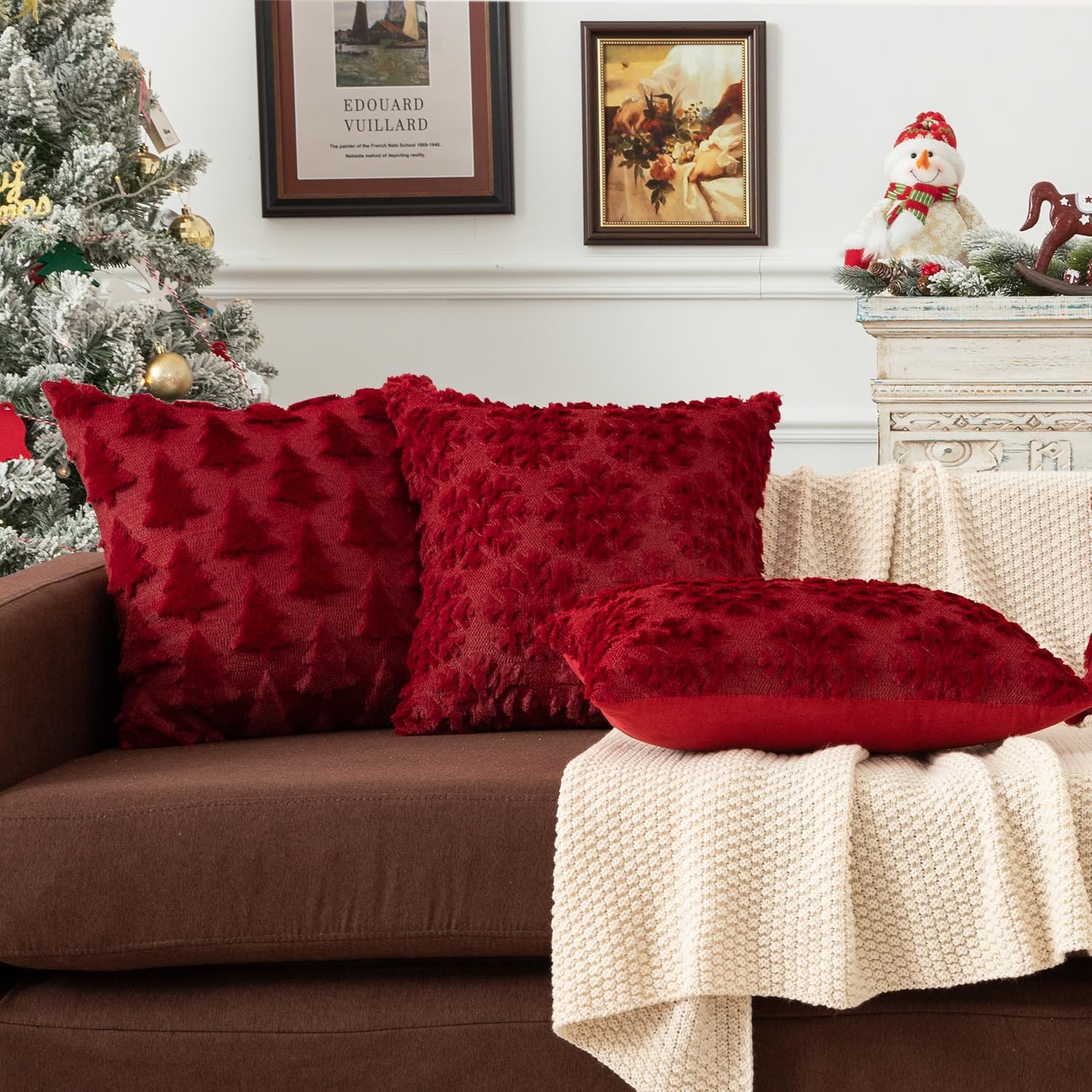 18x18 Inch Christmas Pillow Covers Set of 2 - Soft Faux Rabbit Fur with 3D Snowflake Embroidery - Holiday Decorative Throw Pillows for Sofa, Couch & Christmas Party Decor - Skin-Friendly with Invisible Zipper - Perfect for Living Room, Bedroom & Festive Home Decor