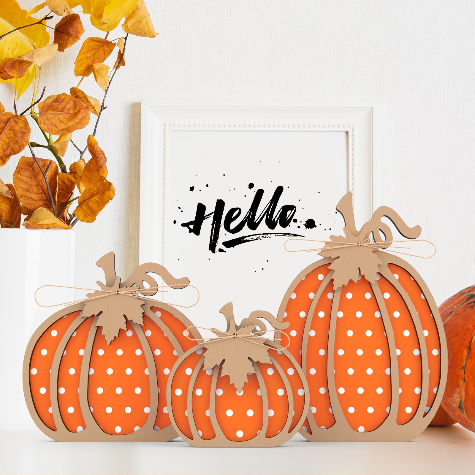 3 Pcs Wooden Pumpkin Decor for Fall & Thanksgiving - Rustic Autumn Table Centerpiece, Fireplace Mantel, Shelf & Bedroom Decorations - Perfect for Seasonal Home Styling