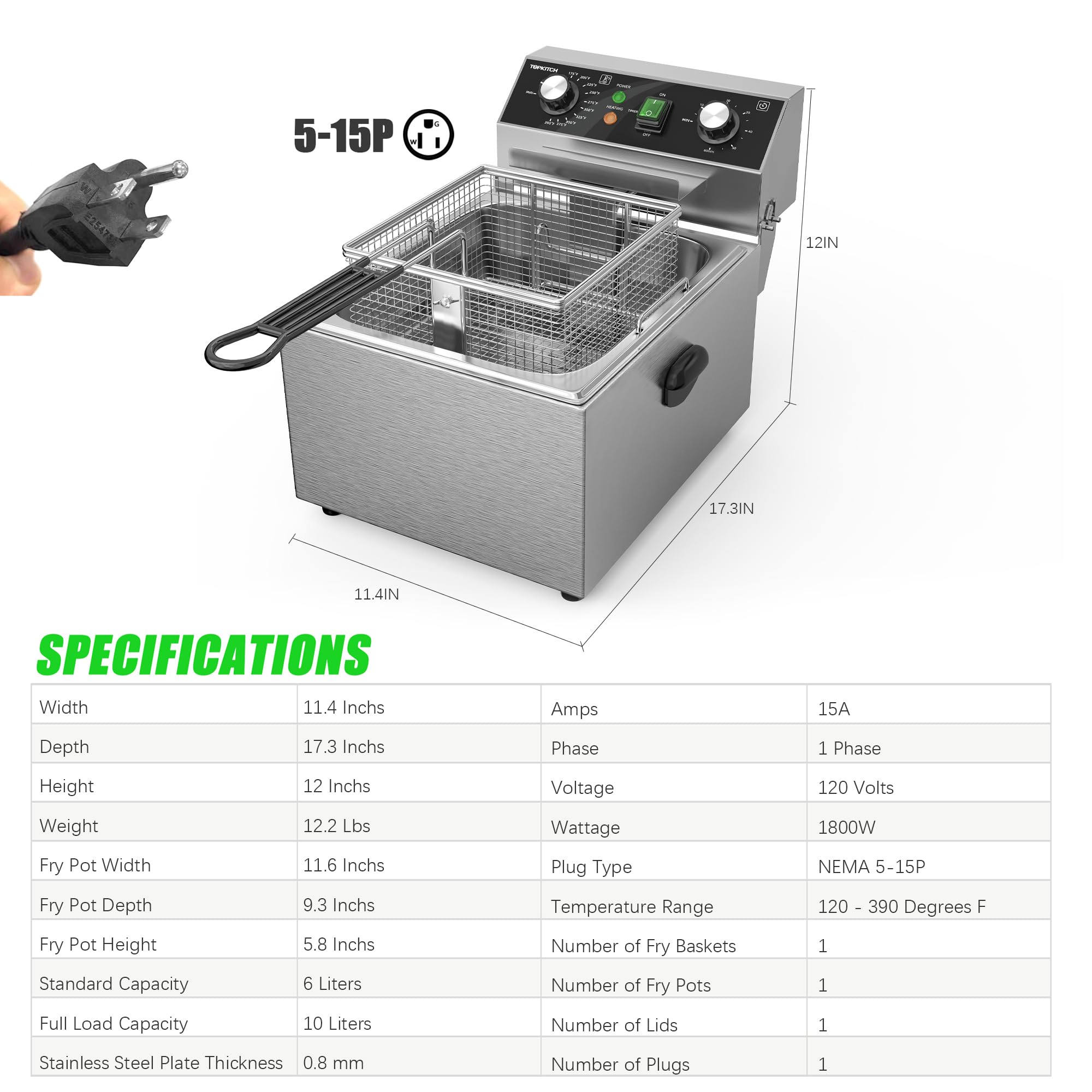 Stainless Steel Electric Deep Fryer with Basket & Lid - 10L (10.5QT) Capacity, 1800W, 120V - 60 Minute Timer for Home Kitchen & Restaurant Use - Perfect for Frying Chicken, Fish, French Fries & More