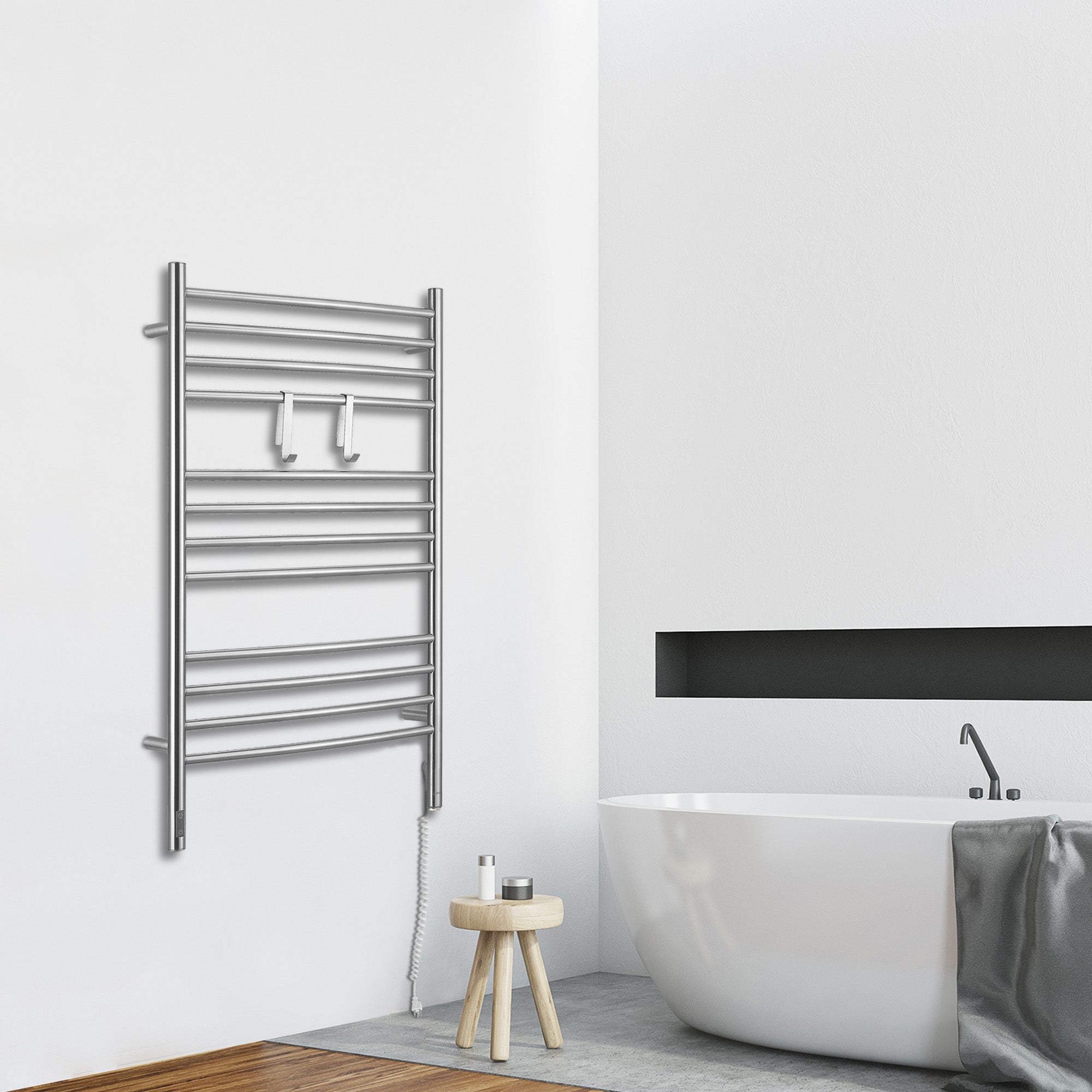 Dual Wall Mount Towel Warmer with 2 Adjustable Hooks & Timer - Brushed Stainless Steel - Perfect for Bathroom, Spa, and Luxury Home Use