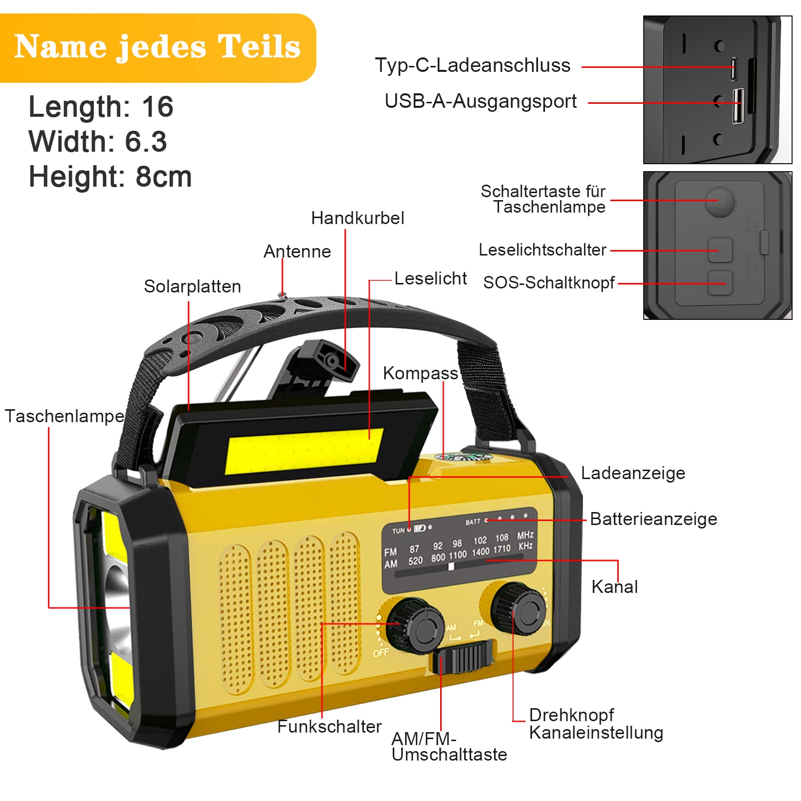 BIAOQINBO 10000mAh Solar Emergency Radio - AM/FM Weather Radio with 3 Charging Methods (Solar/USB/Crank), 6-in-1 Portable Power Bank, IPX3 Waterproof, SOS Alarm & LED Flashlight for Camping, Hiking, Outdoor Survival (Yellow)