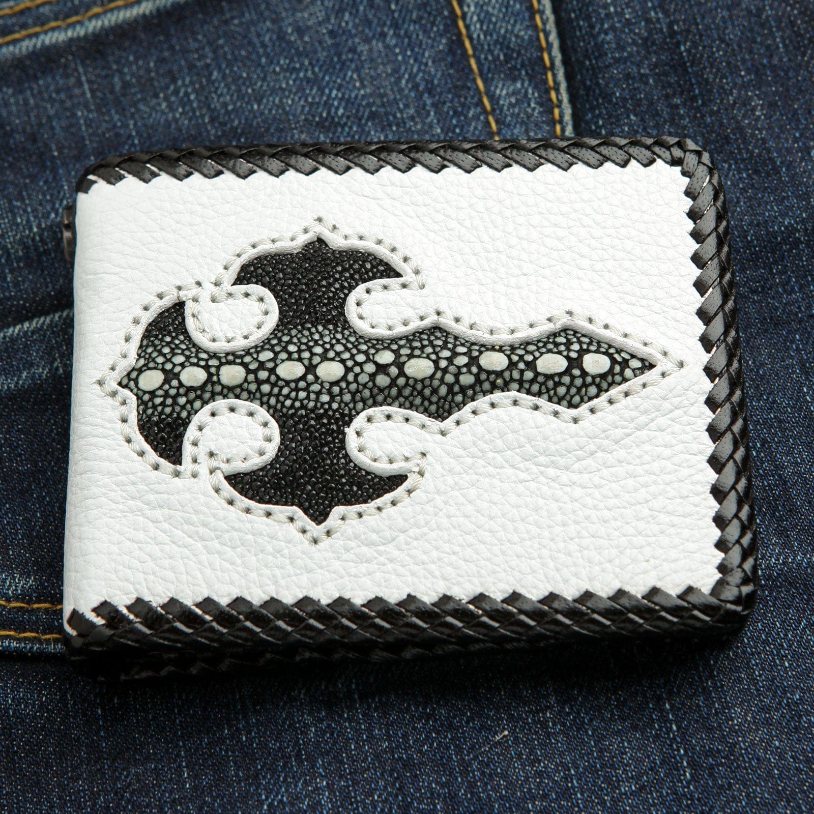 Premium Two-Tone Stingray Leather Men's Bifold Wallet - Slim RFID Blocking Biker Wallet for Motorcycle Riders & Everyday Carry (Perfect Gift for Dad, Husband, Boyfriend)