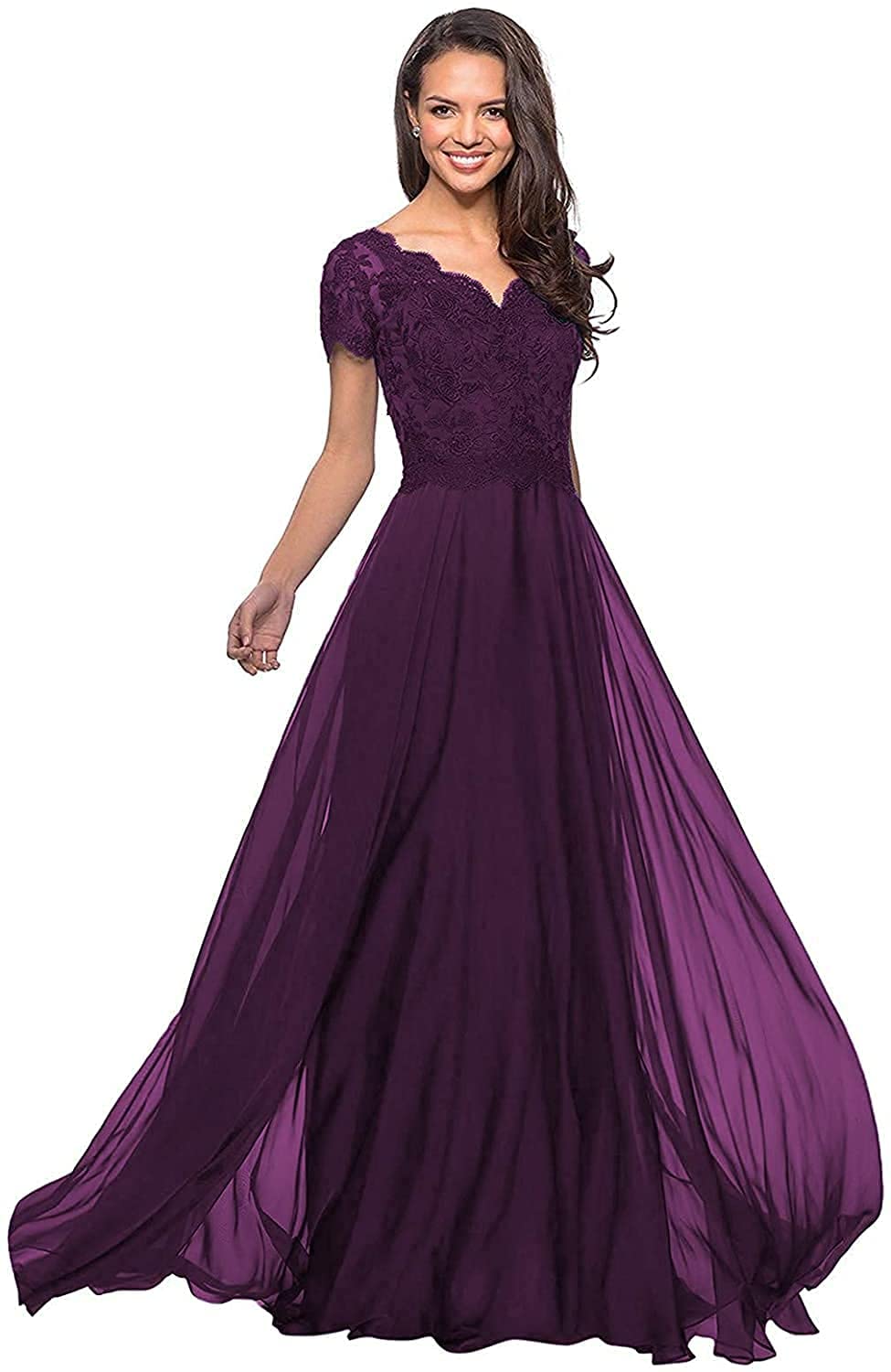 Elegant Women's V-Neck Mother of the Bride Dress with Long Sleeves - Chiffon Lace Applique Evening Gown for Weddings, Parties & Special Occasions
