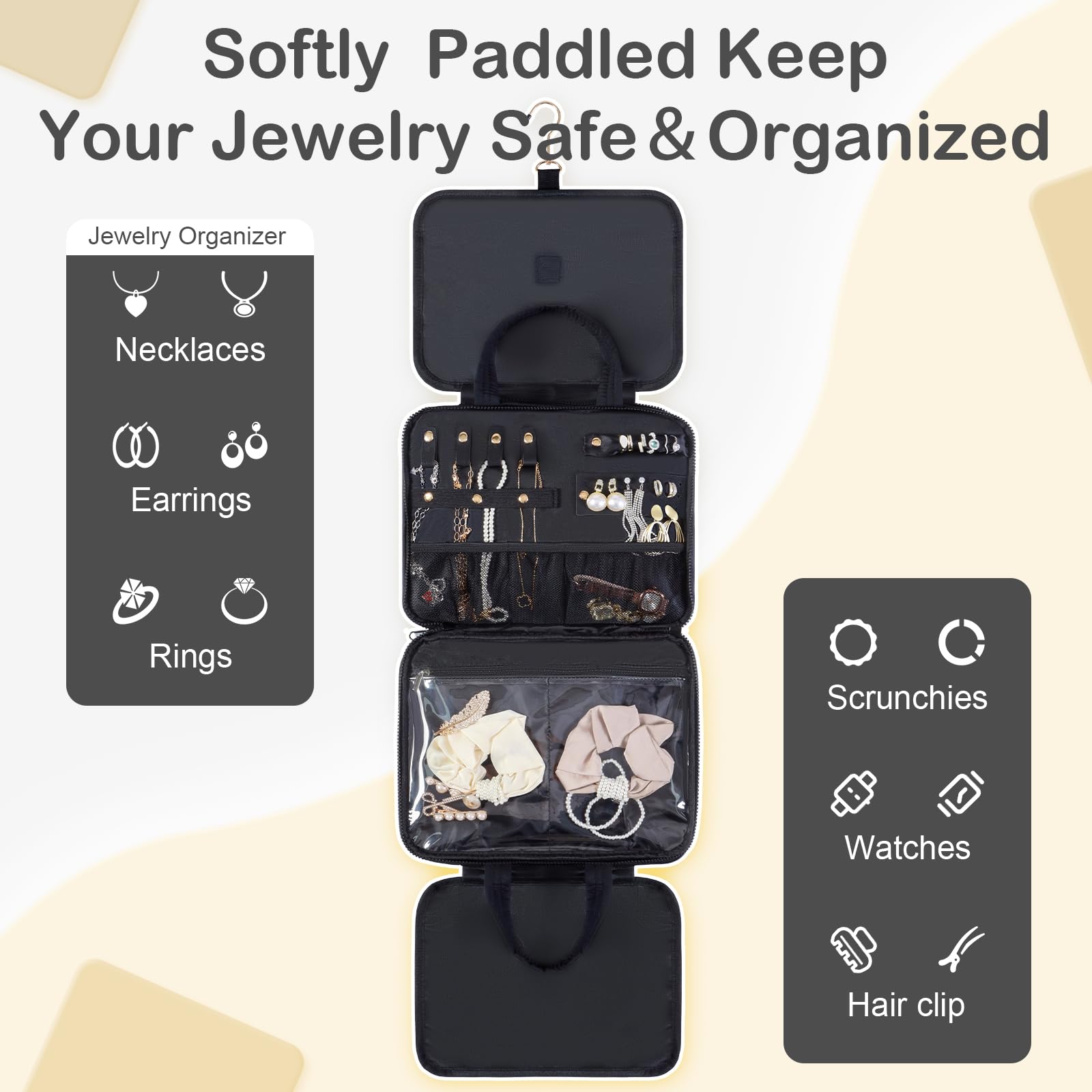WOOMADA Hanging Toiletry Bag with Jewelry Organizer - Travel Cosmetic Bag for Women - Perfect for Vacation & Business Trips