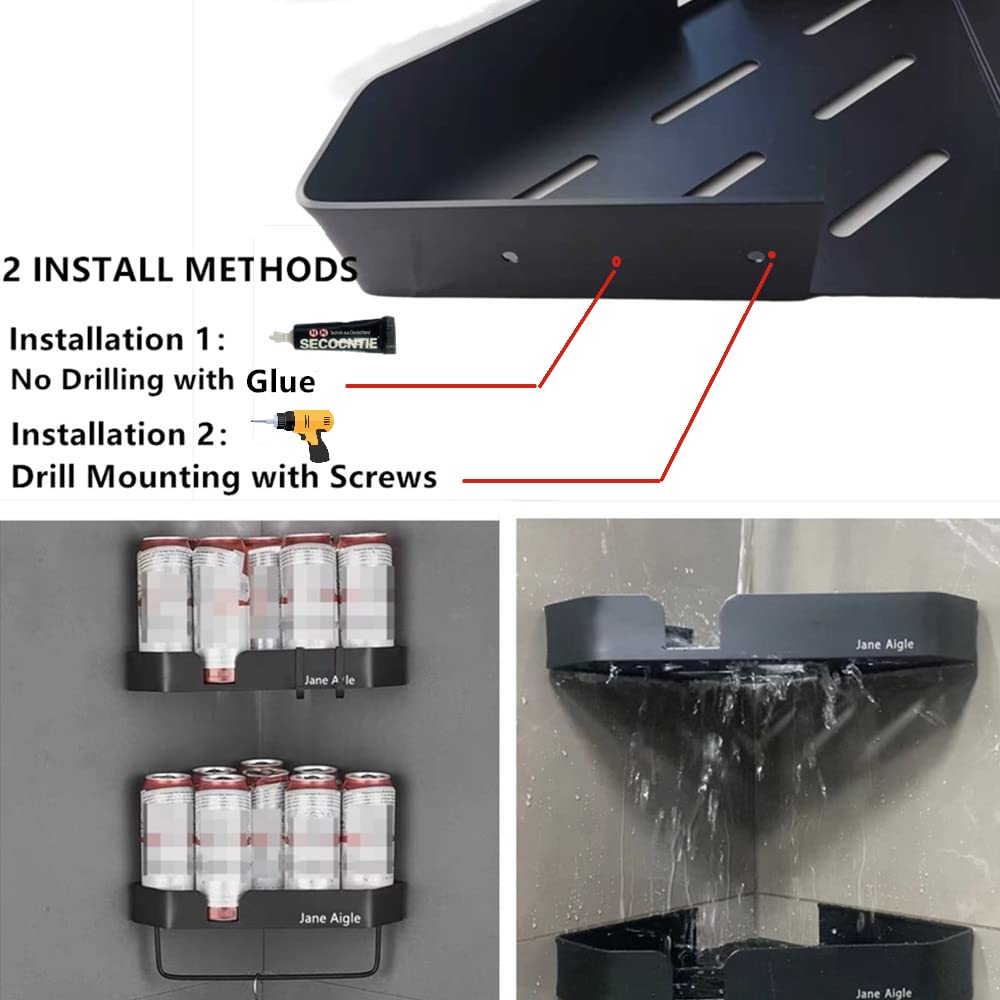 2-Tier Black Shower Corner Shelf - No Drill Wall Mounted Bathroom Organizer with Towel Rack for Shampoo, Soap & Storage - Perfect for Small Bathrooms, Kitchen & RV Spaces