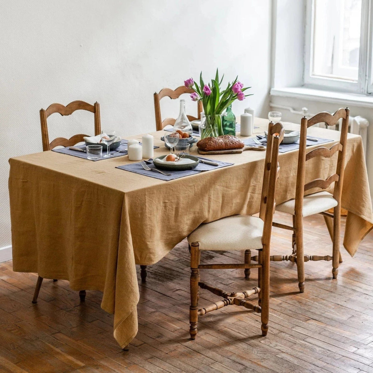 Premium Golden Ochre 100% Linen Tablecloth - Natural & Elegant Dining Table Cover for Wedding, Party & Home Decor