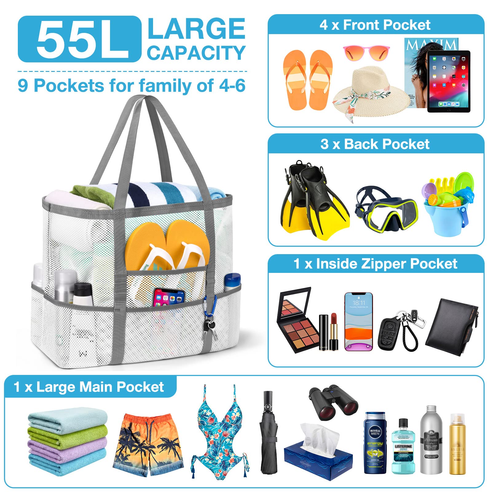 KPX Large Mesh Beach Tote Bag for Women - Foldable Waterproof & Sandproof Pool Bag with Mini Pockets | Perfect for Swimming, Travel, and Summer Outings