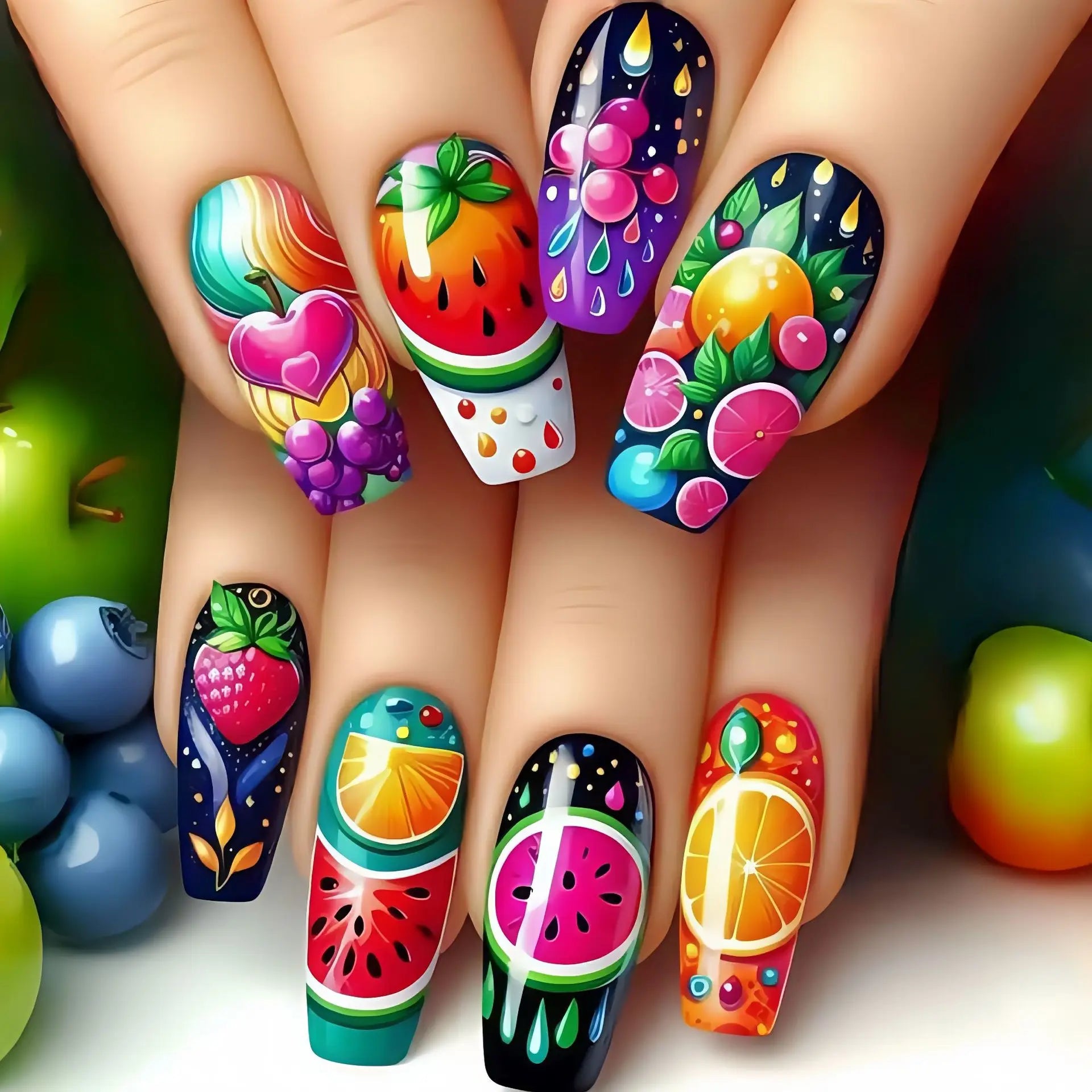 24Pcs Green Press on Fake Nails - Watermelon Lemon Pattern Manicure Set with Floral Design, Long Ballet False Nails for Women | Perfect for Summer Parties, Vacations & Special Occasions