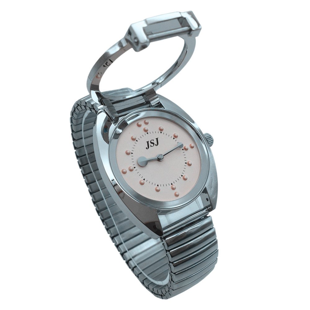 VISIONU Stainless Steel Tactile Watch for Women - Quartz Movement, Pink Dial, Expansion Band - Fashionable & Durable Wristwatch for Everyday Wear, Office, and Special Occasions