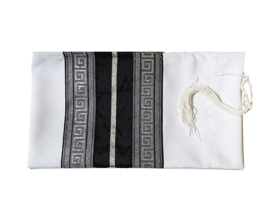 Elegant Black and Silver Geometric Tallit Prayer Shawl with Tzitzit - Perfect for Bar Mitzvah, Jewish Ceremonies & Spiritual Worship