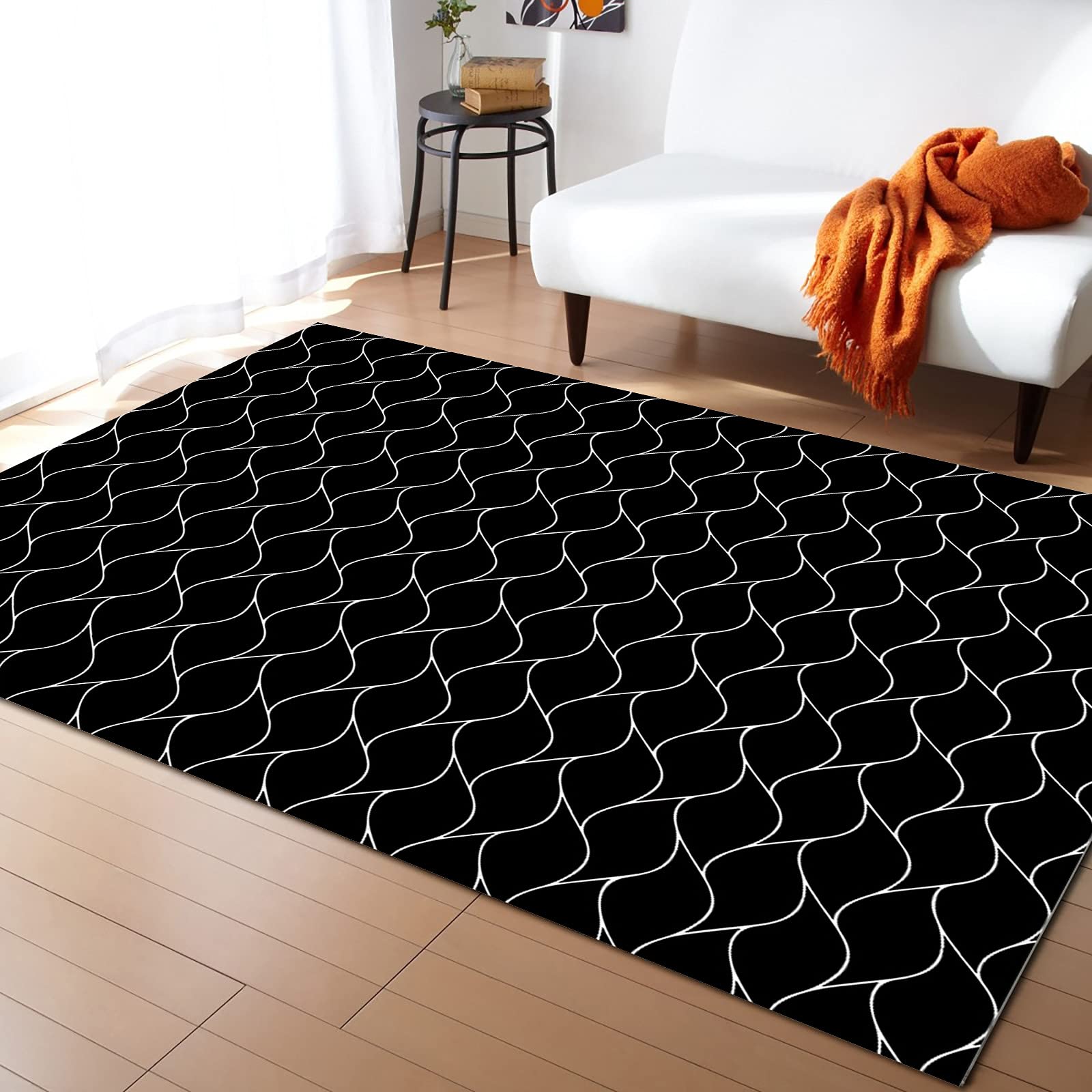 5'x8' Abstract Black Geometric Morocco Plaid Area Rug - Indoor Outdoor Washable Carpet for Kitchen, Living Room, Bedroom, Bathroom, Classroom & Laundry Room - Summer Wave Texture Runner Rug, Doormat & Desk Mat - Perfect for Home Decor, Office Spaces & High Traffic Areas