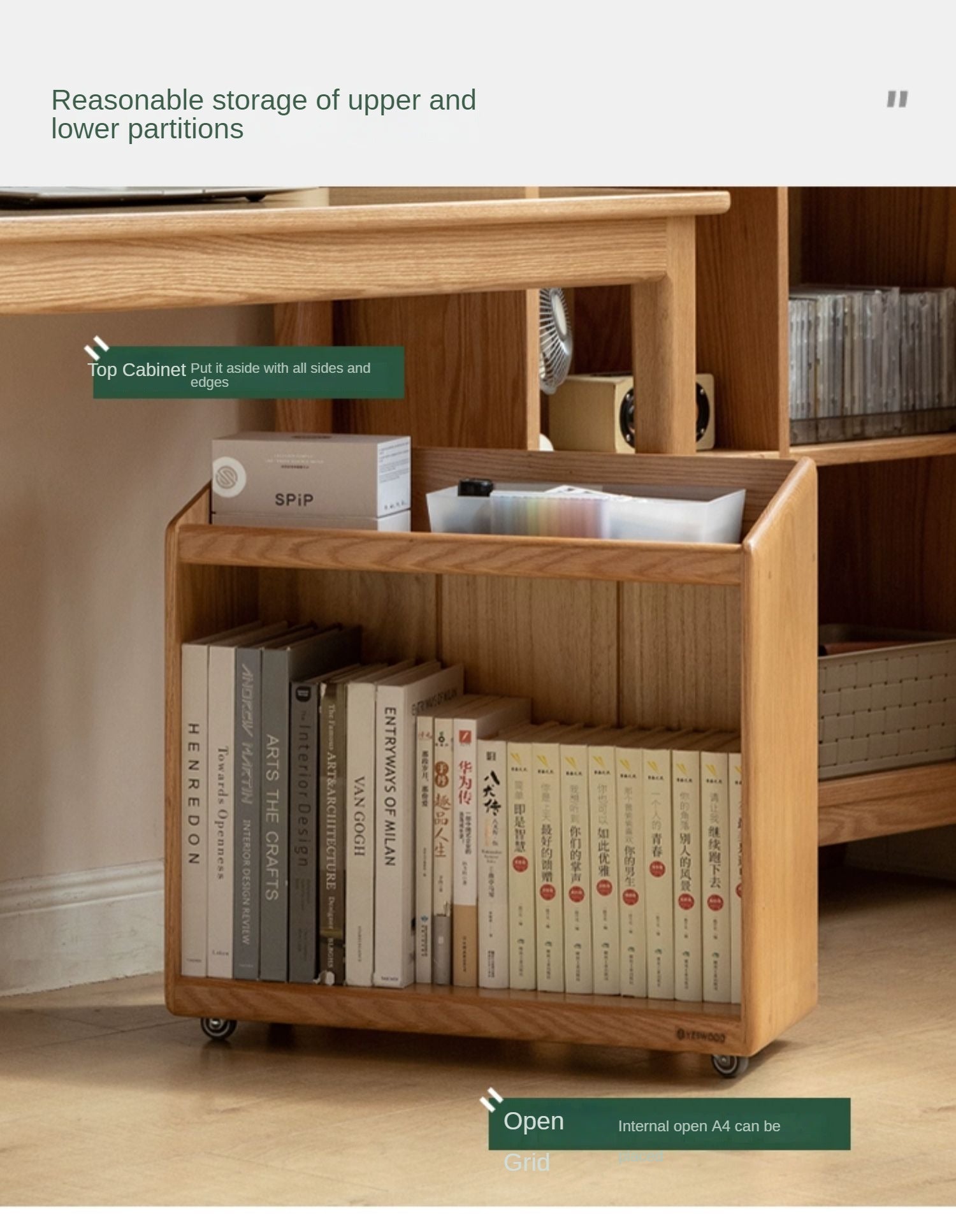 Solid Oak Wood Under Table Bookshelf - Movable Storage Shelf for Books, Toys & Decor - Perfect for Living Room, Bedroom & Office Organization
