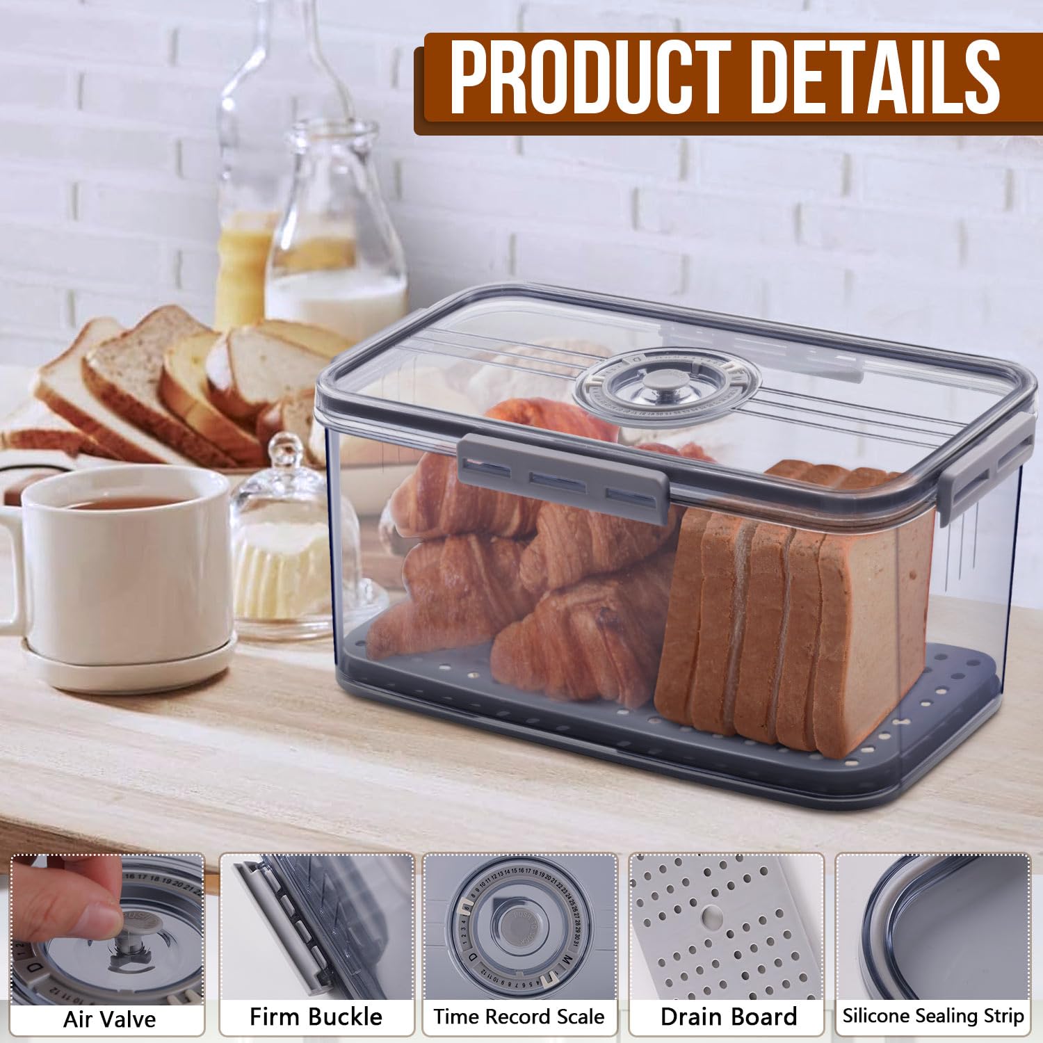 Airtight Bread Storage Container with Time Recording Lid - Kitchen Counter Bread Box for Homemade Bread, Toast, Bagels, Donuts & Cookies | Perfect for Freshness Preservation & Organized Baking (Grey)