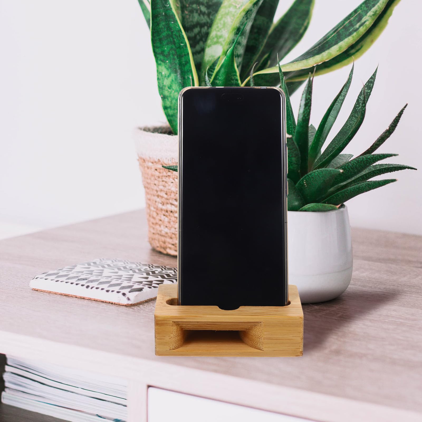NUOBESTY Universal Wooden Phone Stand with Loudspeaker - Amplifies Sound for iPhone, Samsung, Android - Perfect for Home, Office, and Travel Use
