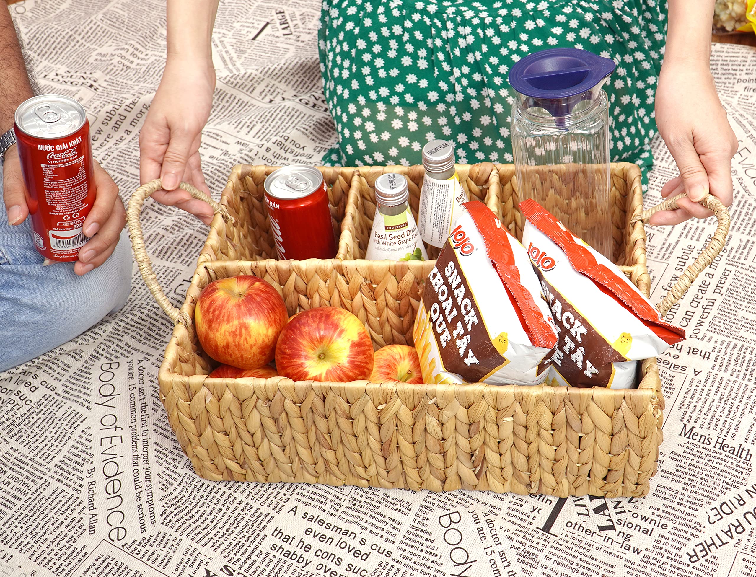 Natural Woven Hyacinth Wicker Storage Basket - 4-Section Rectangular Tray for Bathroom, Kitchen, Office & Home Organization | Perfect for Shelves, Drawers & Closet Storage