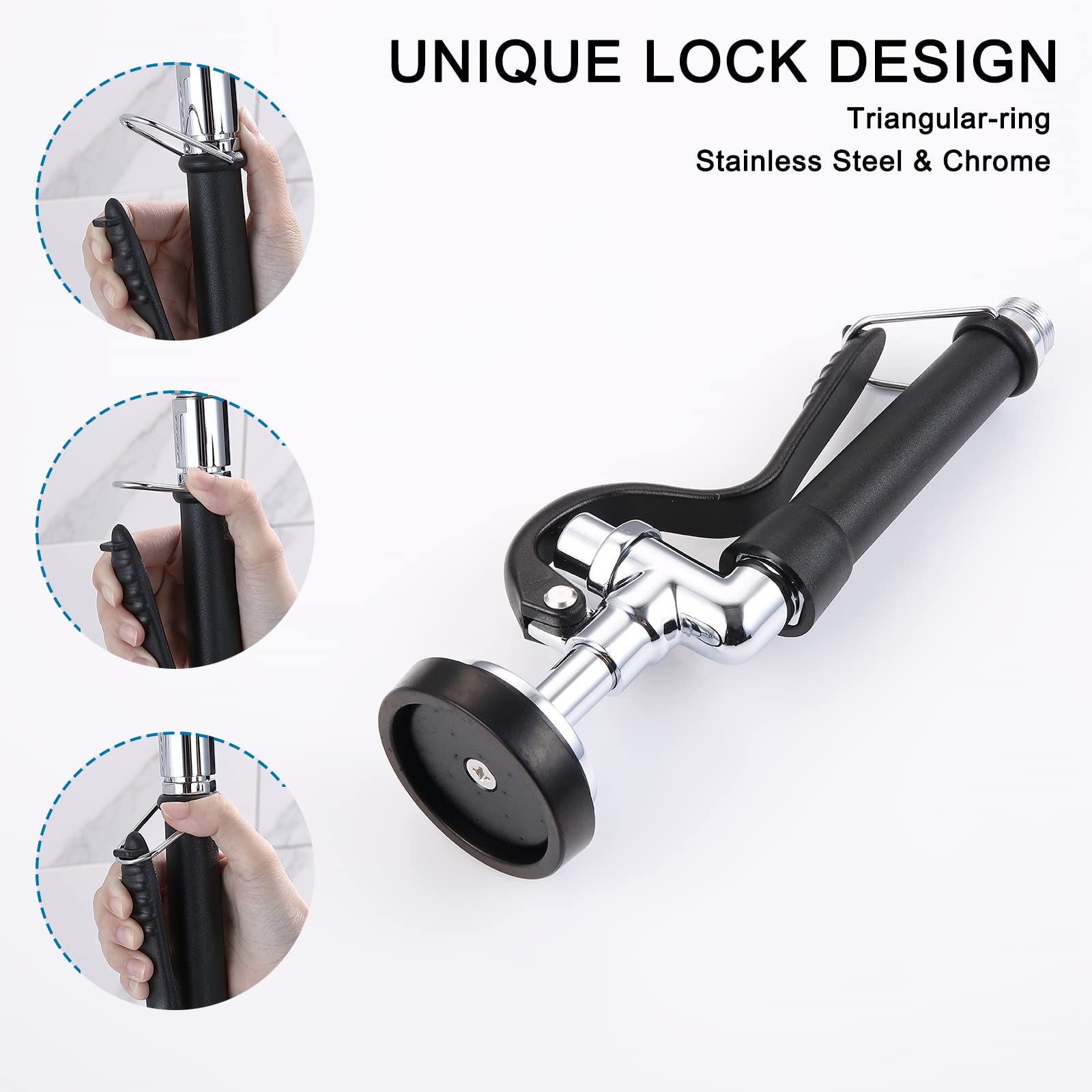 Commercial Pre-Rinse Sprayer with 1.42 GPM High Pressure Nozzle - Longer Handle Replacement for All Brand Faucets - Stainless Steel Lock in Chrome & Black - Perfect for Restaurant, Kitchen & Food Service Use