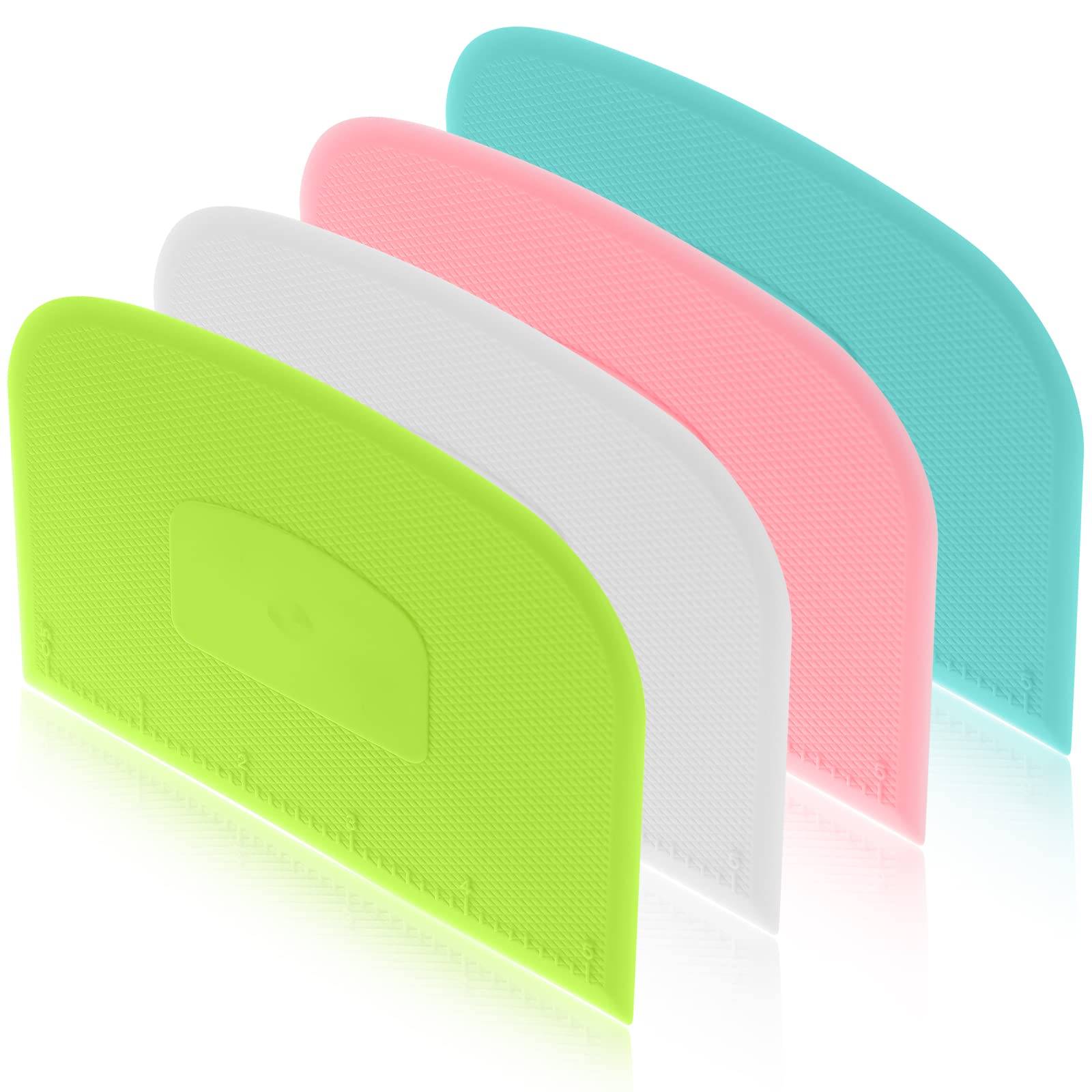4-Piece Flexible Plastic Dough Scraper Set - Multi-Purpose Bowl Scraper & Food Cutter for Baking Bread, Cake, Fondant Icing (White, Green, Blue, Pink) - Perfect for Home Bakers & Professional Kitchens