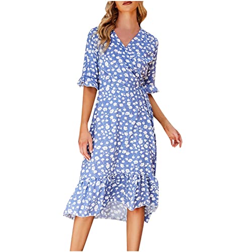 Boho Dresses for Women 2022 - Short Sleeve Summer Flowy V-Neck Tie Waist Dress with Ruffle Hem & Slit - Perfect for Beach Vacations, Music Festivals and Casual Outings