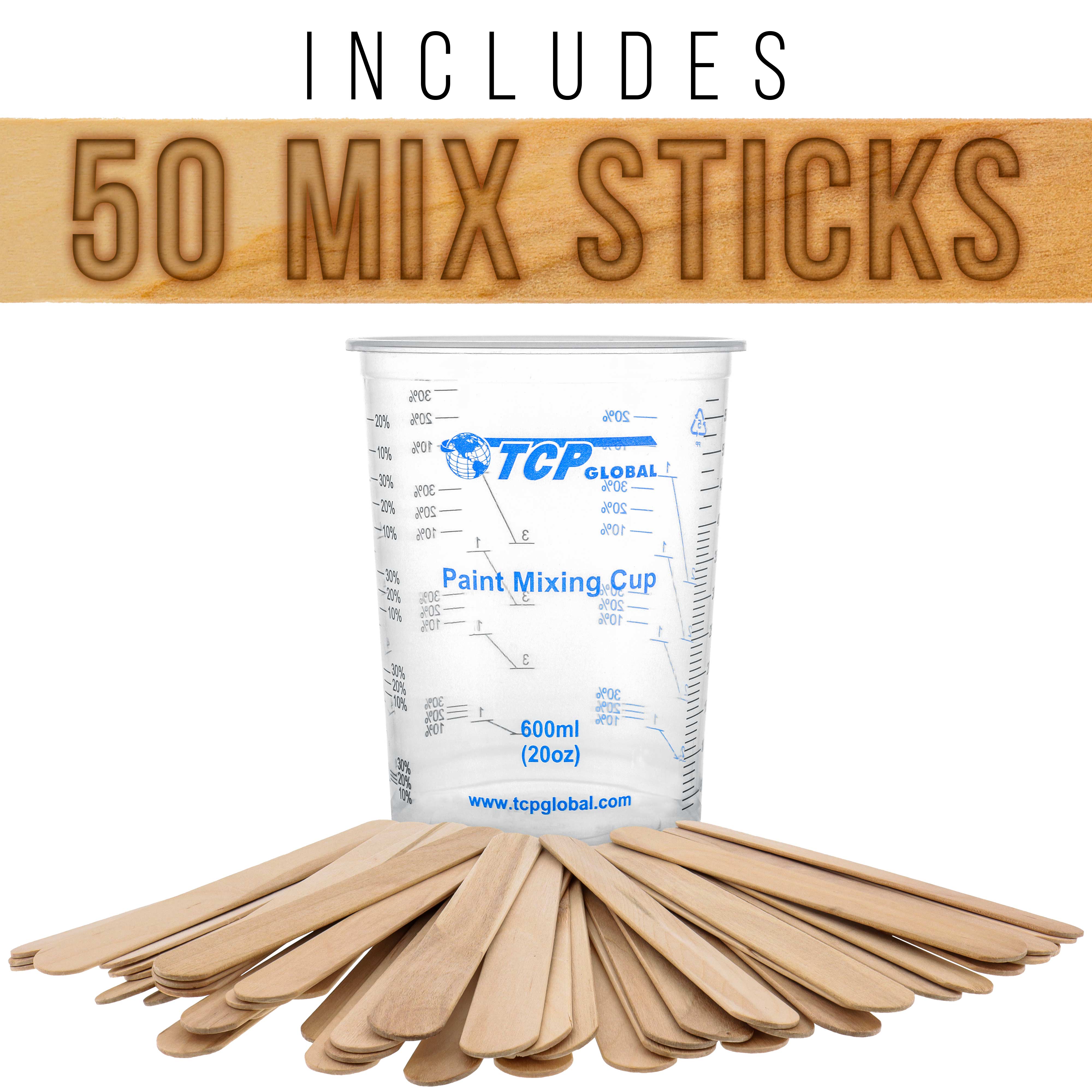 TCP Global 20oz (600ml) Disposable Clear Plastic Mixing Cups with Graduated Measurements - Box of 50 Cups & 50 Mixing Sticks - Perfect for Paint, Resin, Epoxy, Art Projects & DIY Crafts