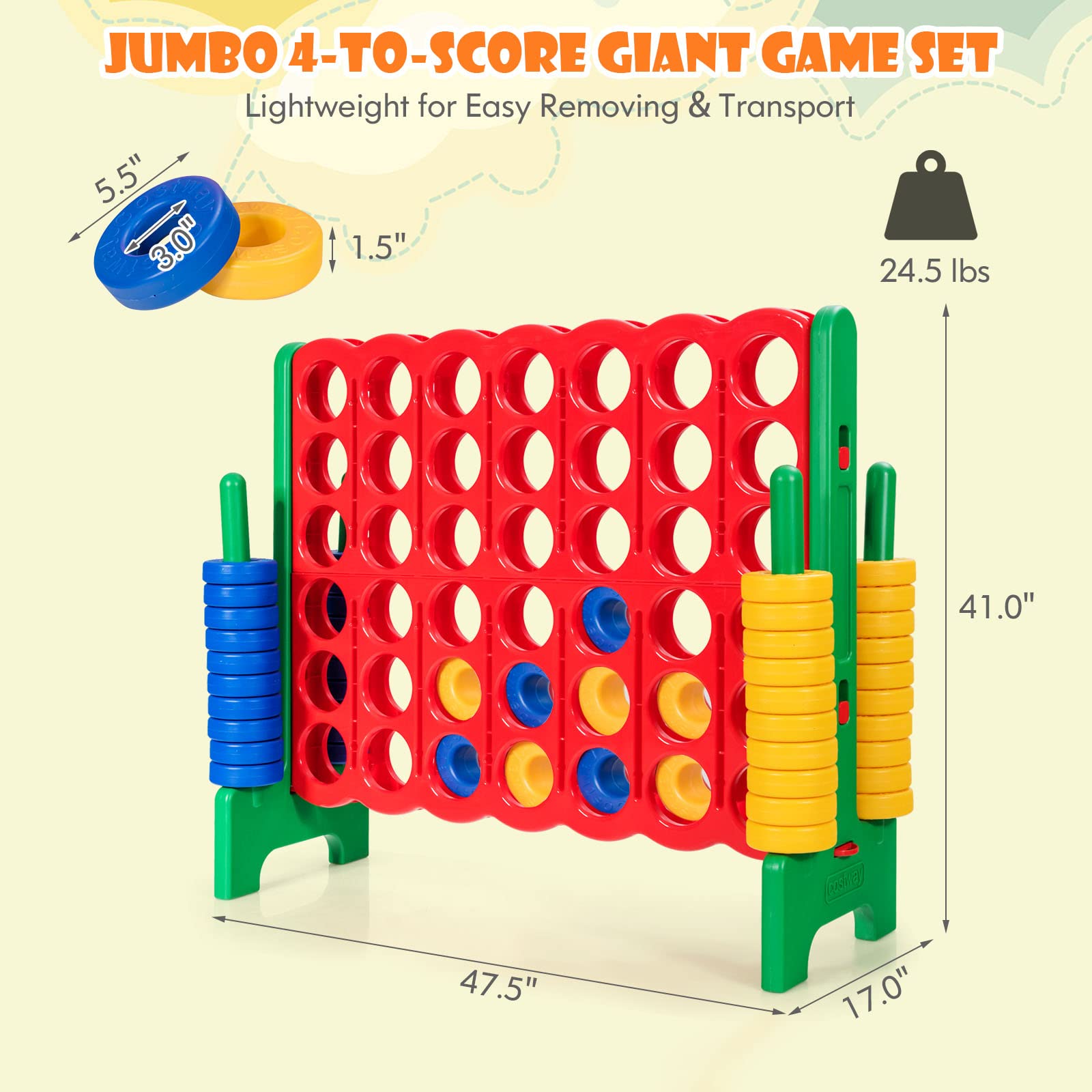 HONEY JOY Jumbo 4-to-Score Giant Connect 4 Game Set - 42 Oversized Rings with Quick-Release Slider | 3.5FT Tall Outdoor Yard Game for Family, Kids & Adults | Perfect for Backyard Parties, Picnics & Summer Gatherings